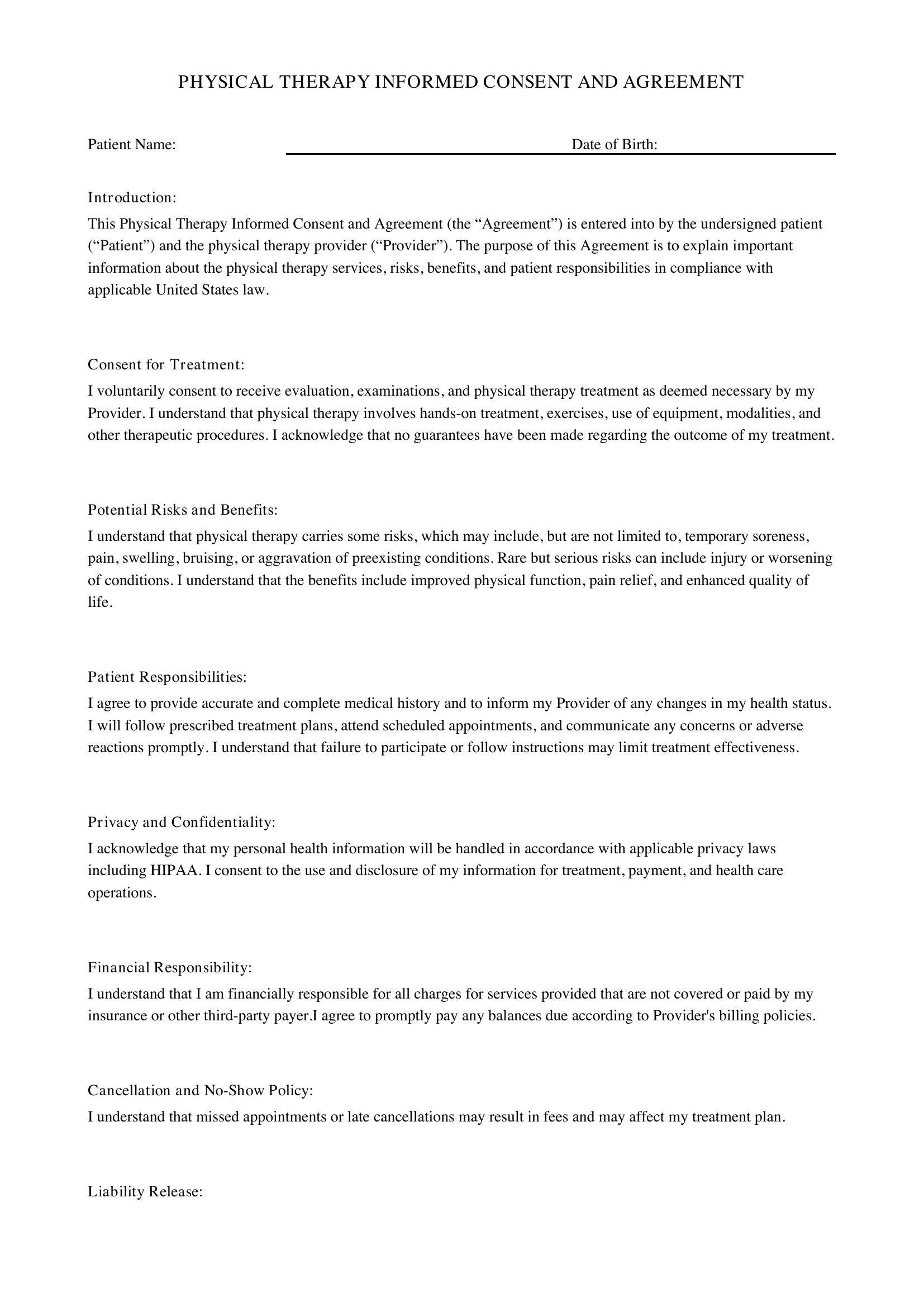 Physical Therapy Consent Form Template - US
