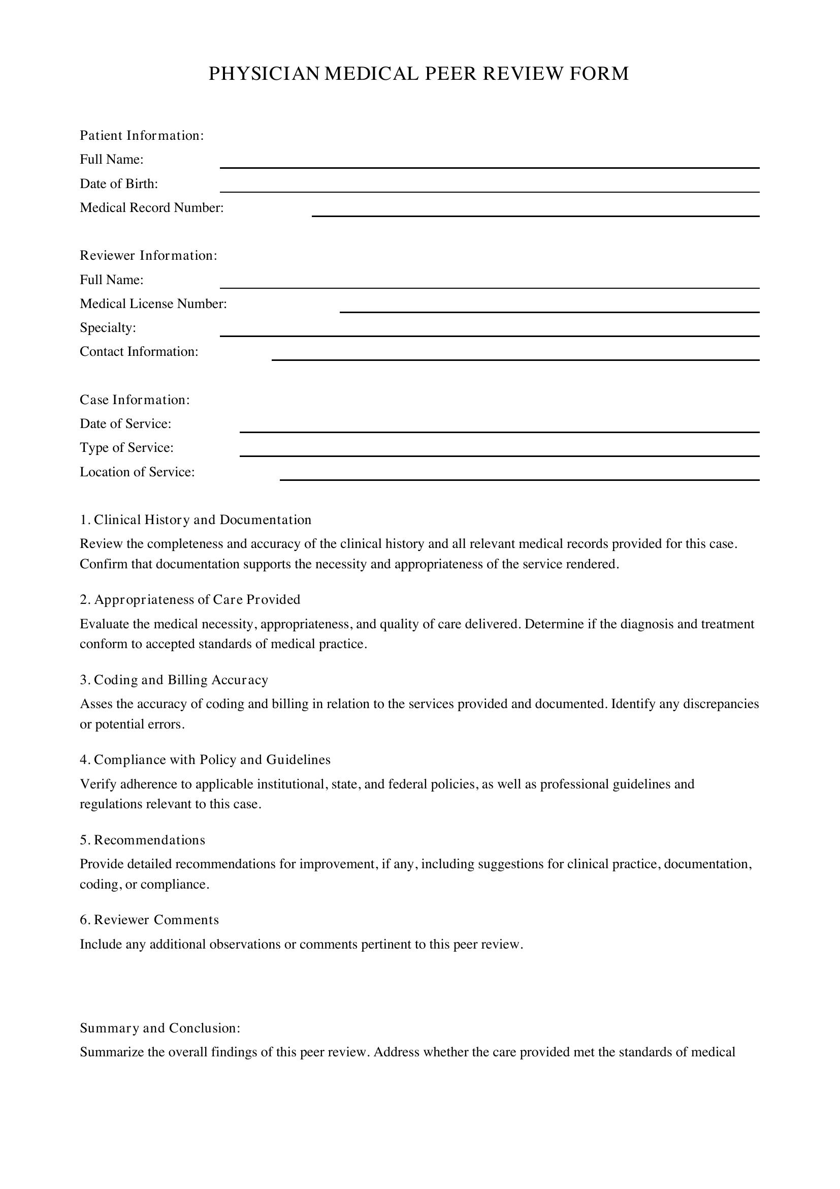 Physician Medical Peer Review Form Template - US