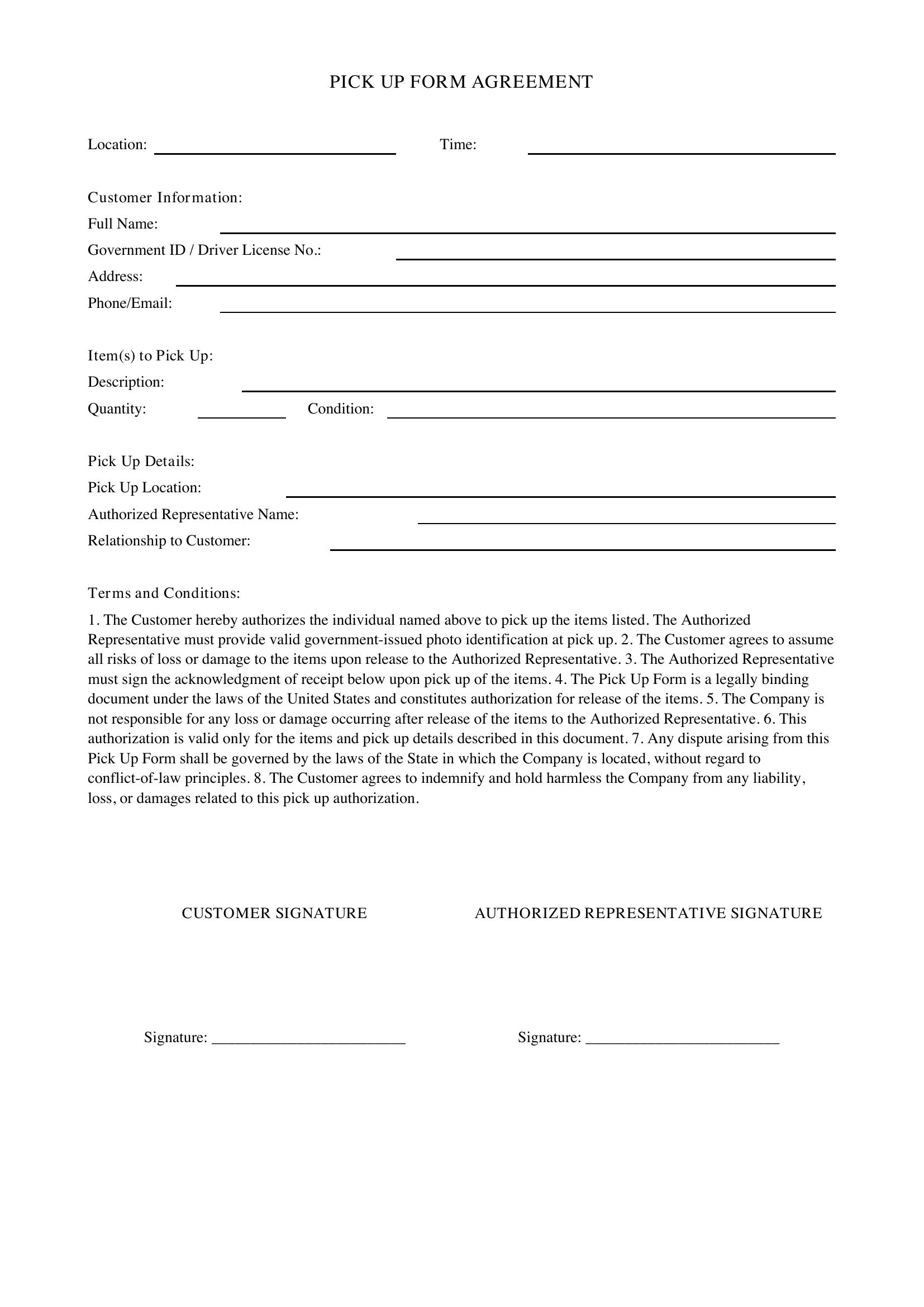 Pick Up Form Template - US