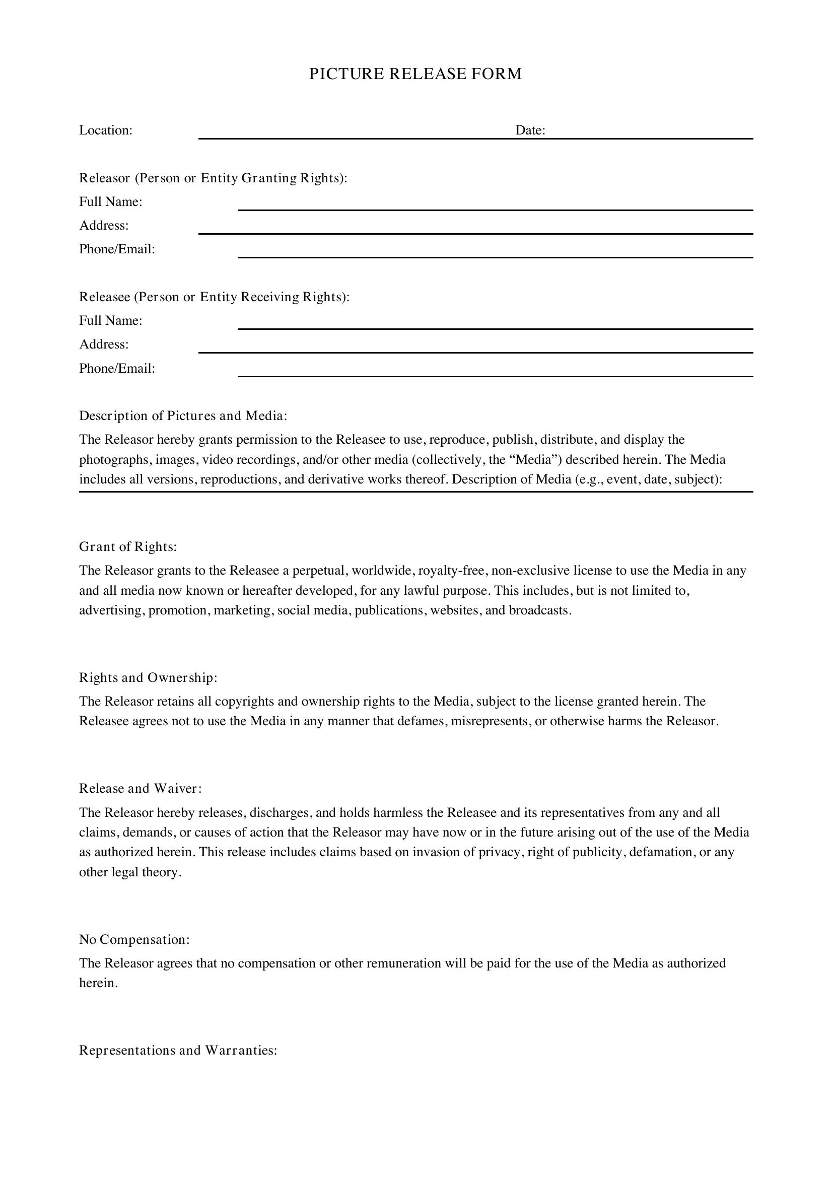 Picture Release Form Template - US