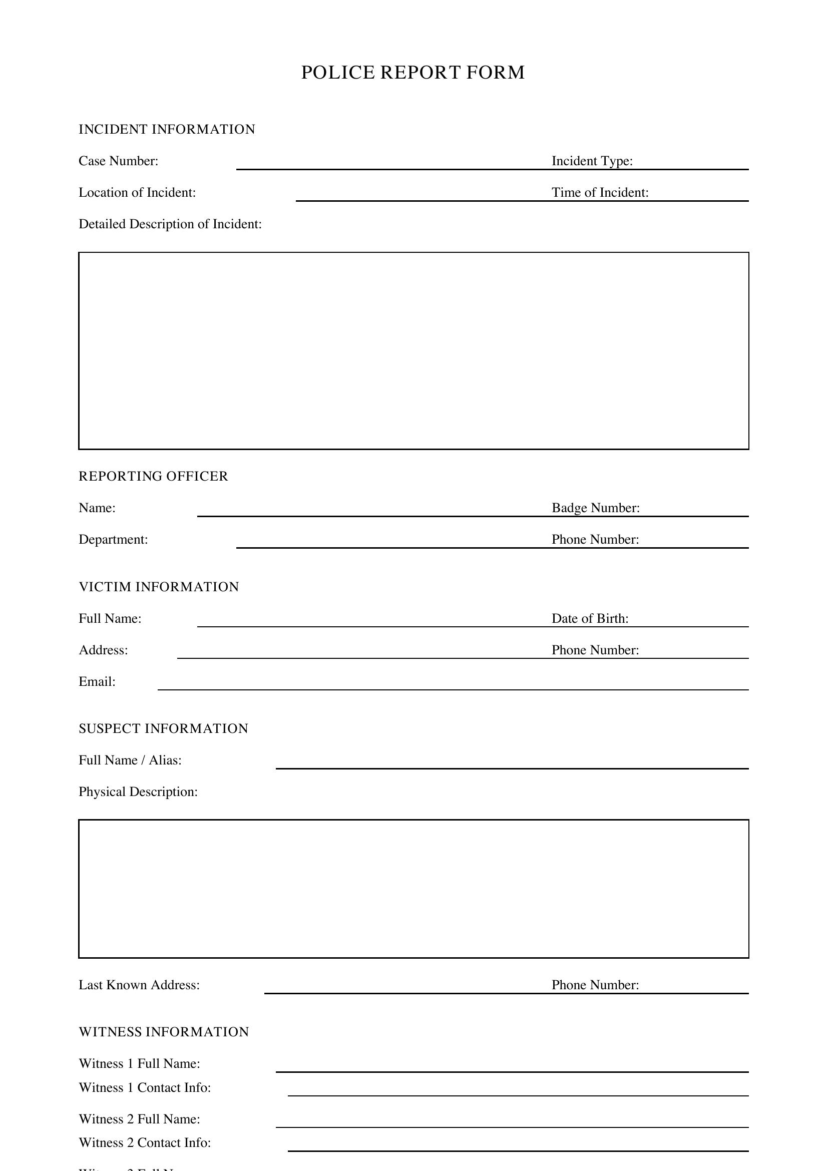 Police Report Form Template - US