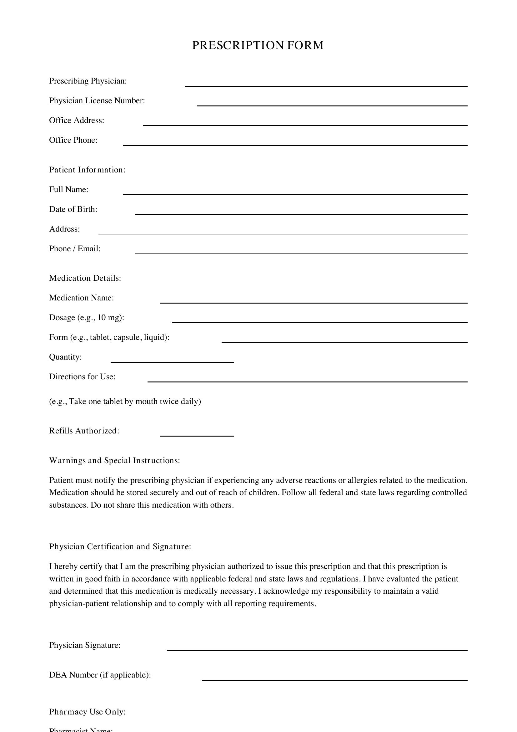 Prescription Form Template - US