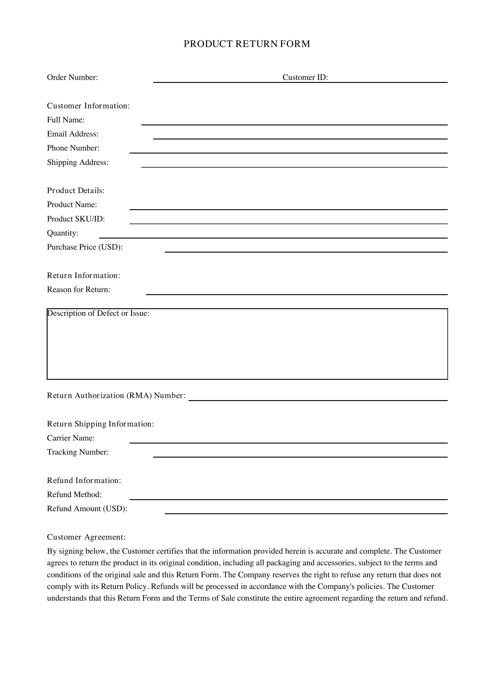 Product Return Form Template - US