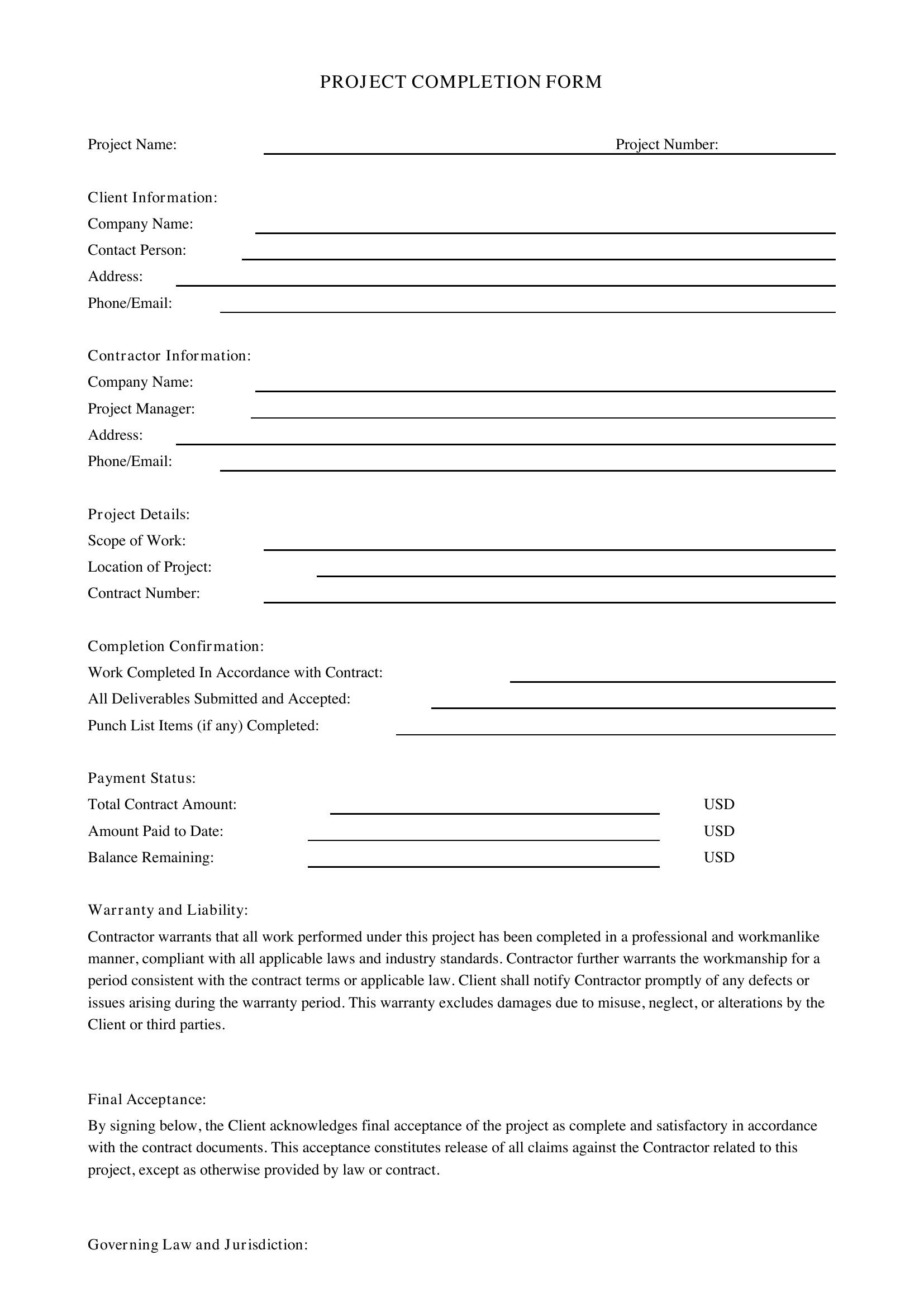 Project Completion Form Template - US