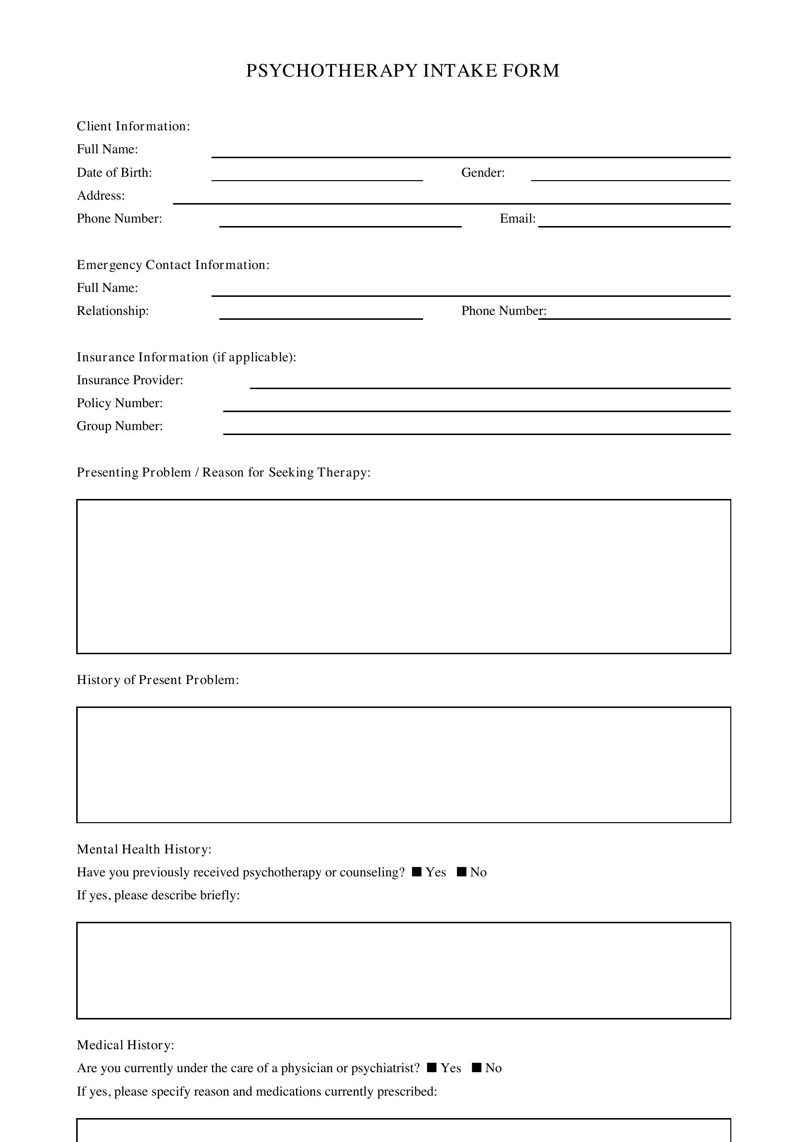 Psychotherapy Intake Form Template - US