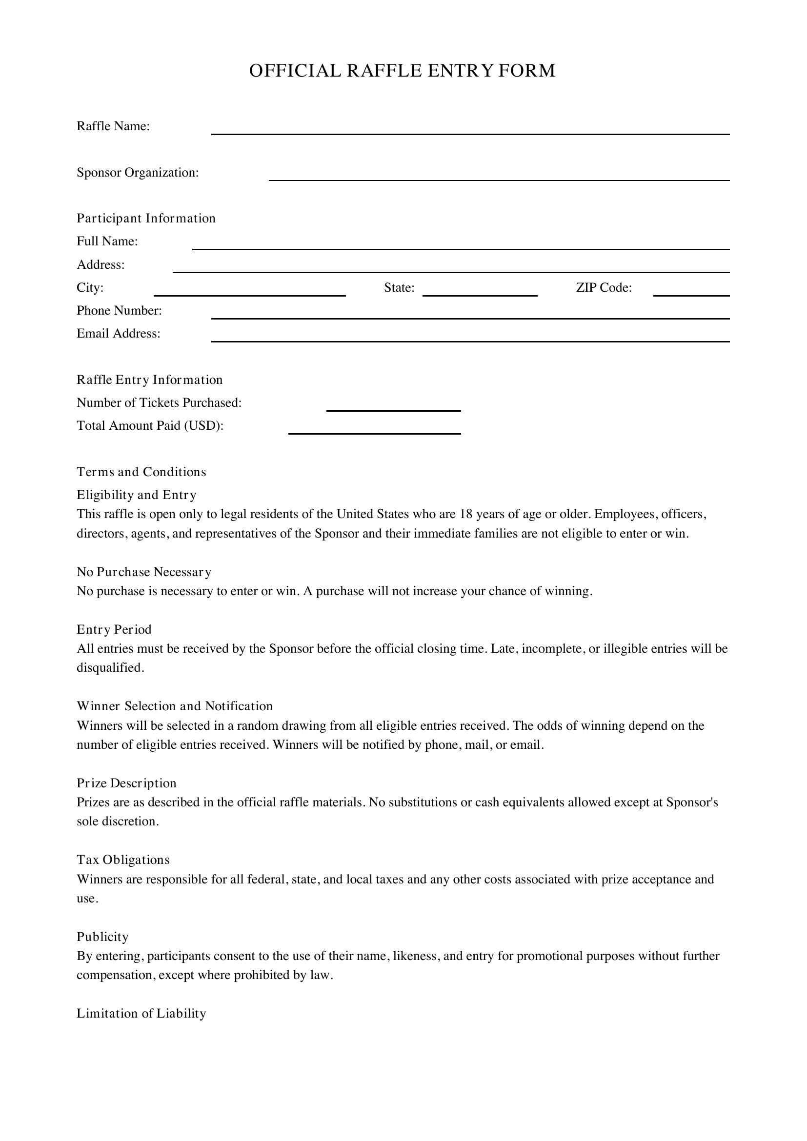 Raffle Form Template - US