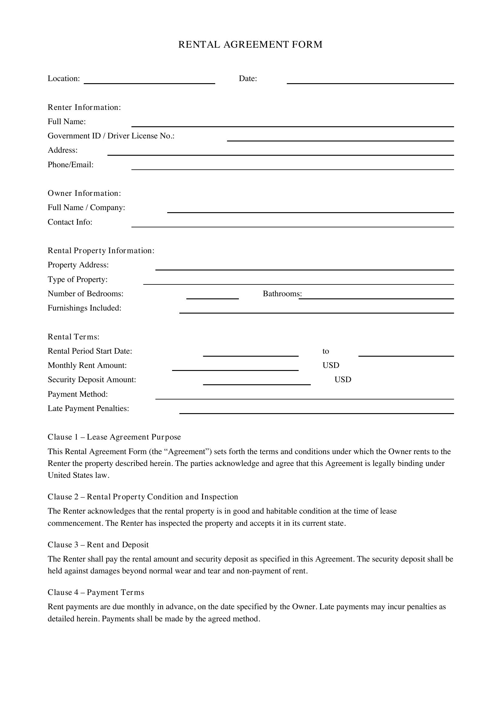 Rental Form Template - US