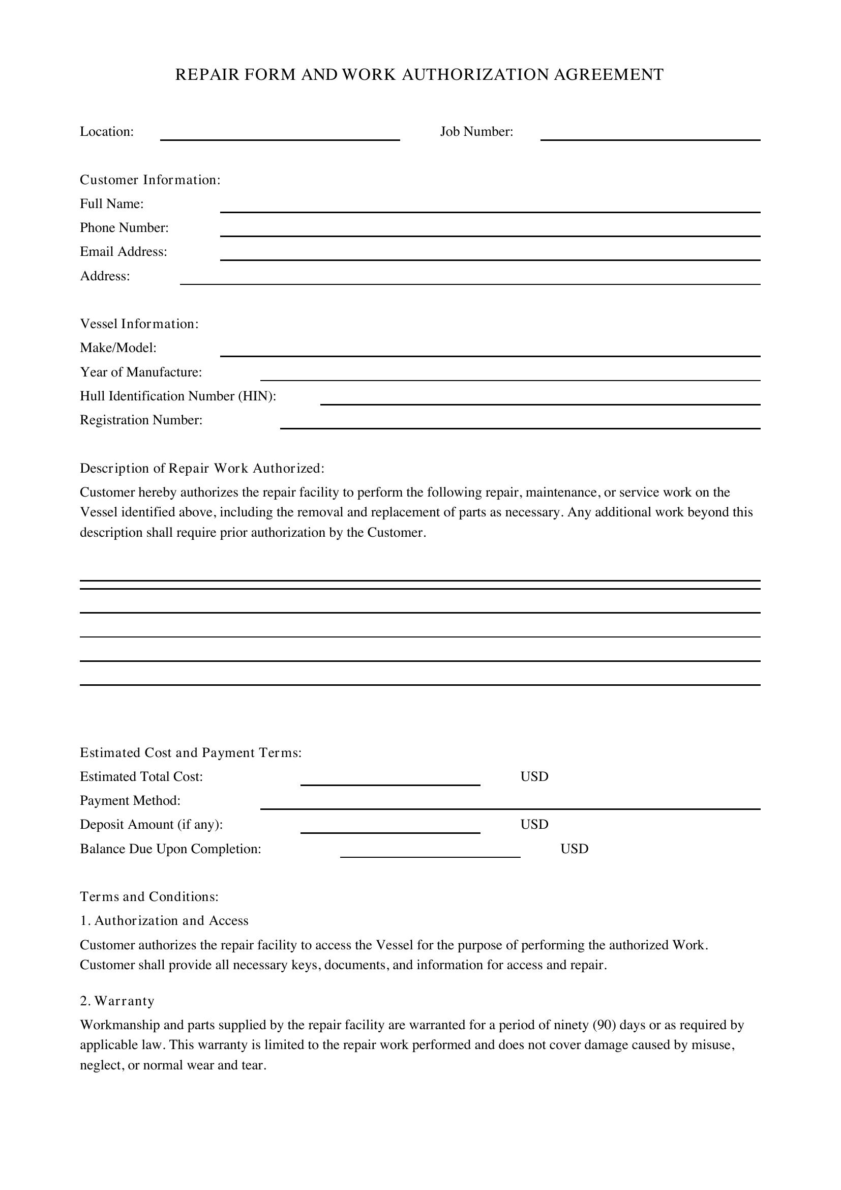 Repair Form Template - US