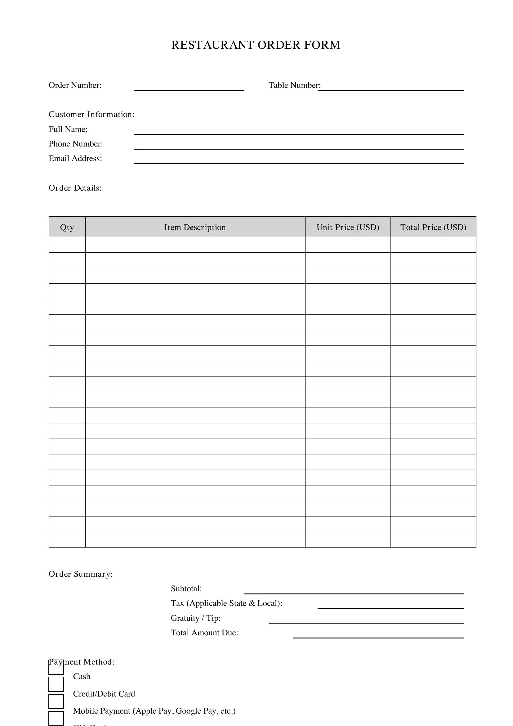 Restaurant Order Form Template - US