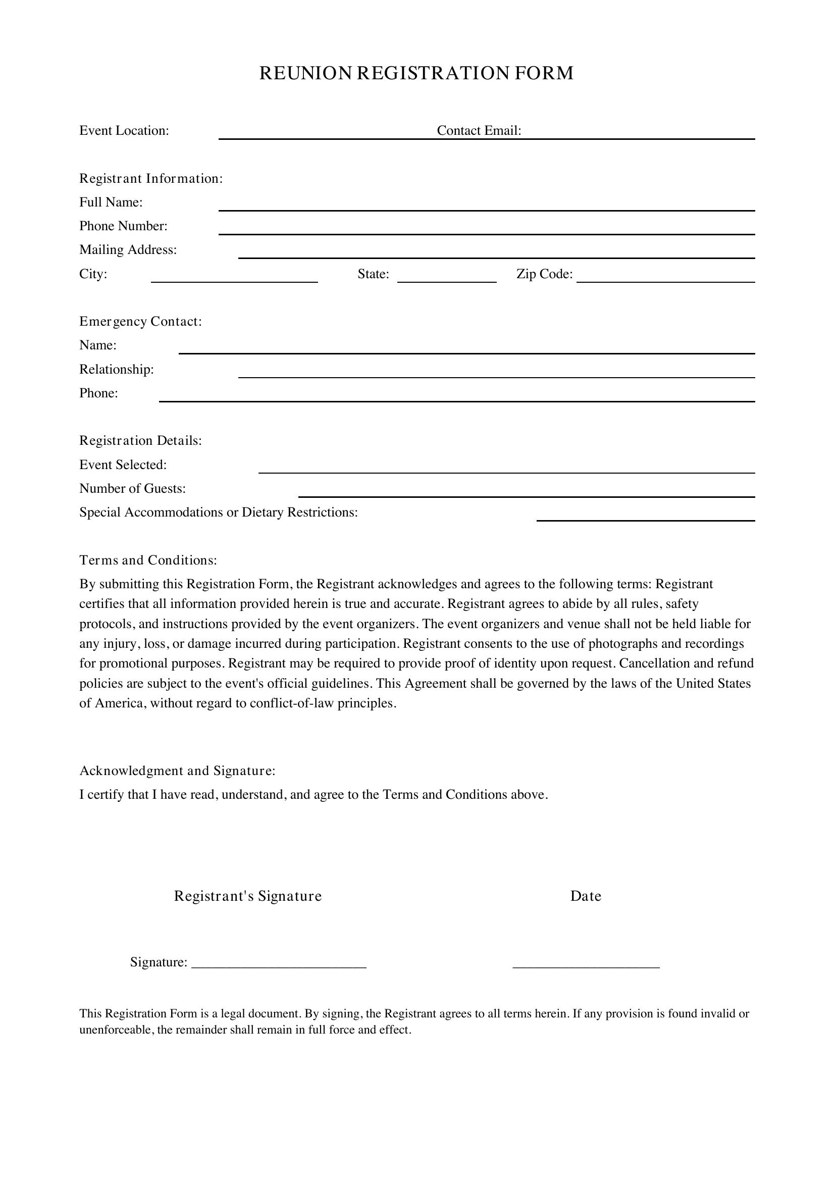 Reunion Registration Form Template - US