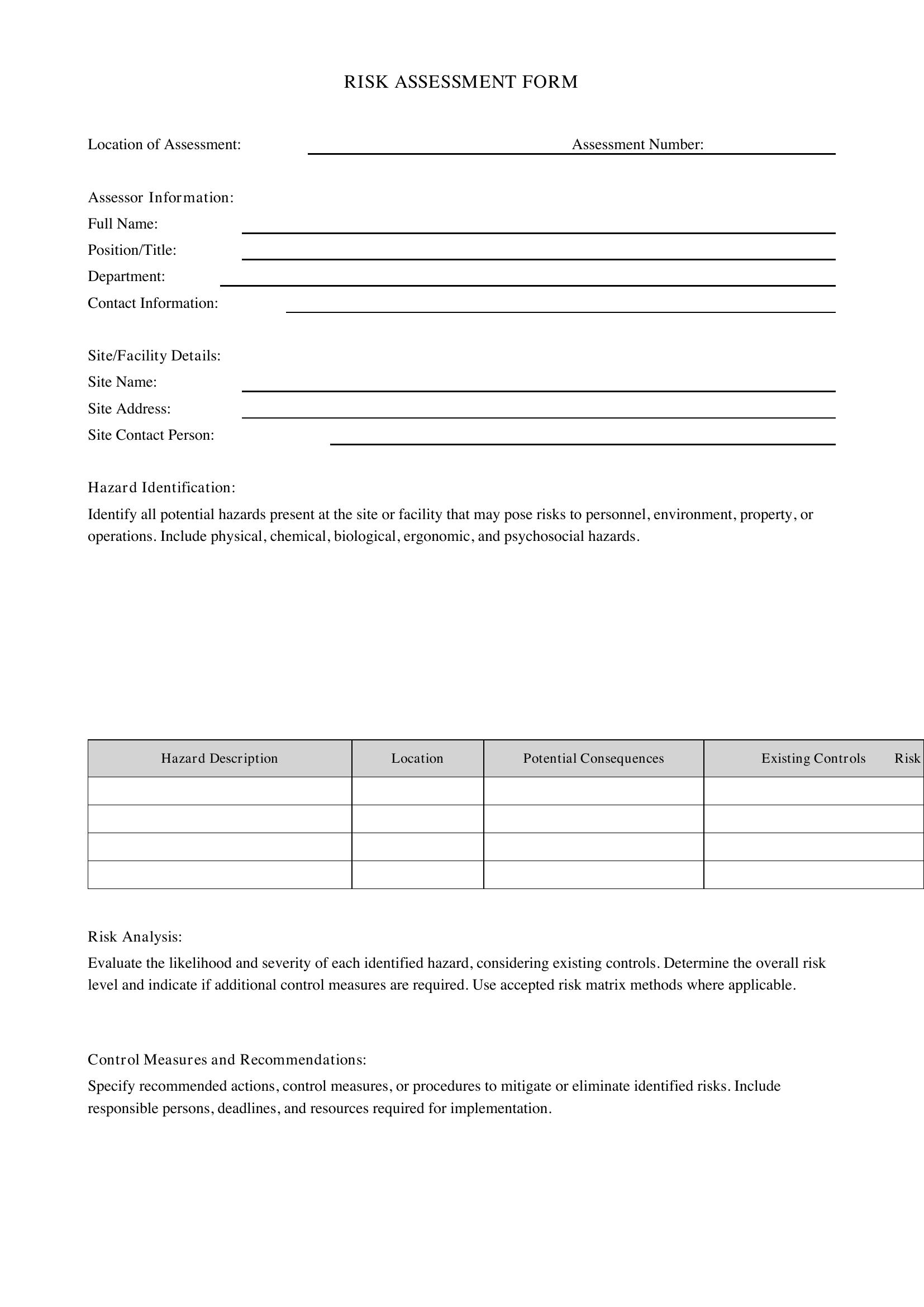 Risk Assessment Form Template - US