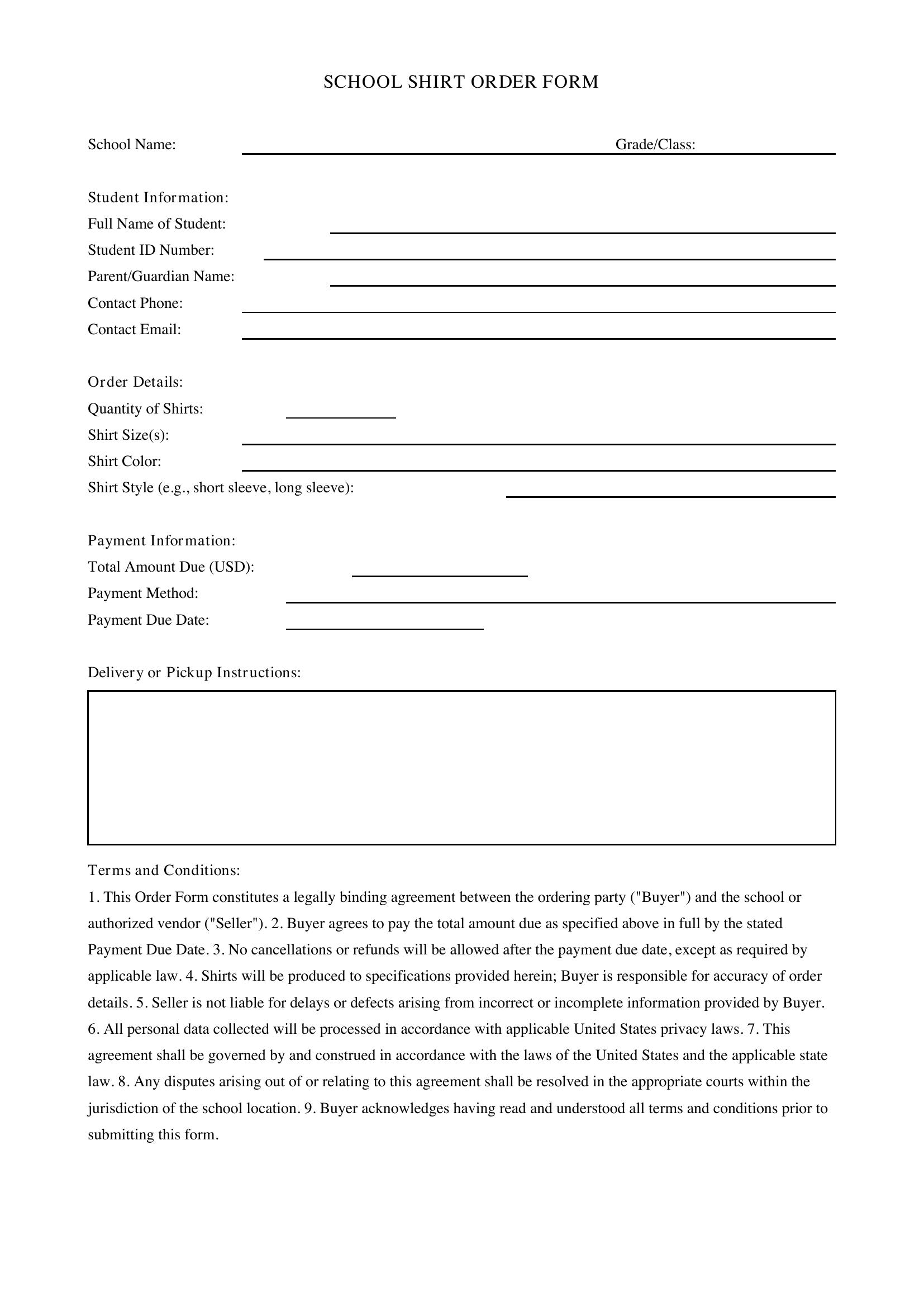 School Shirt Order Form Template - US