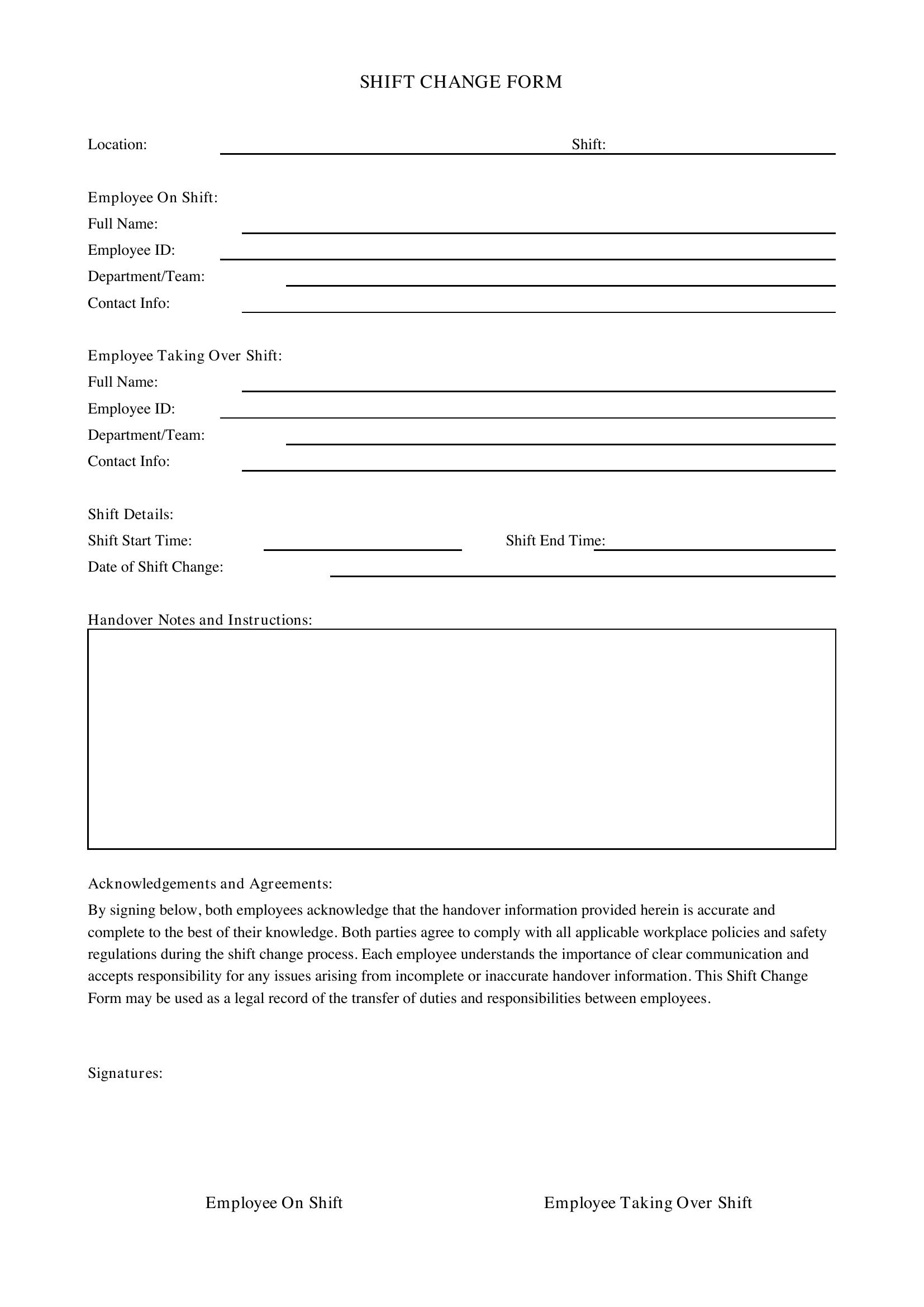 Shift Change Form Template - US