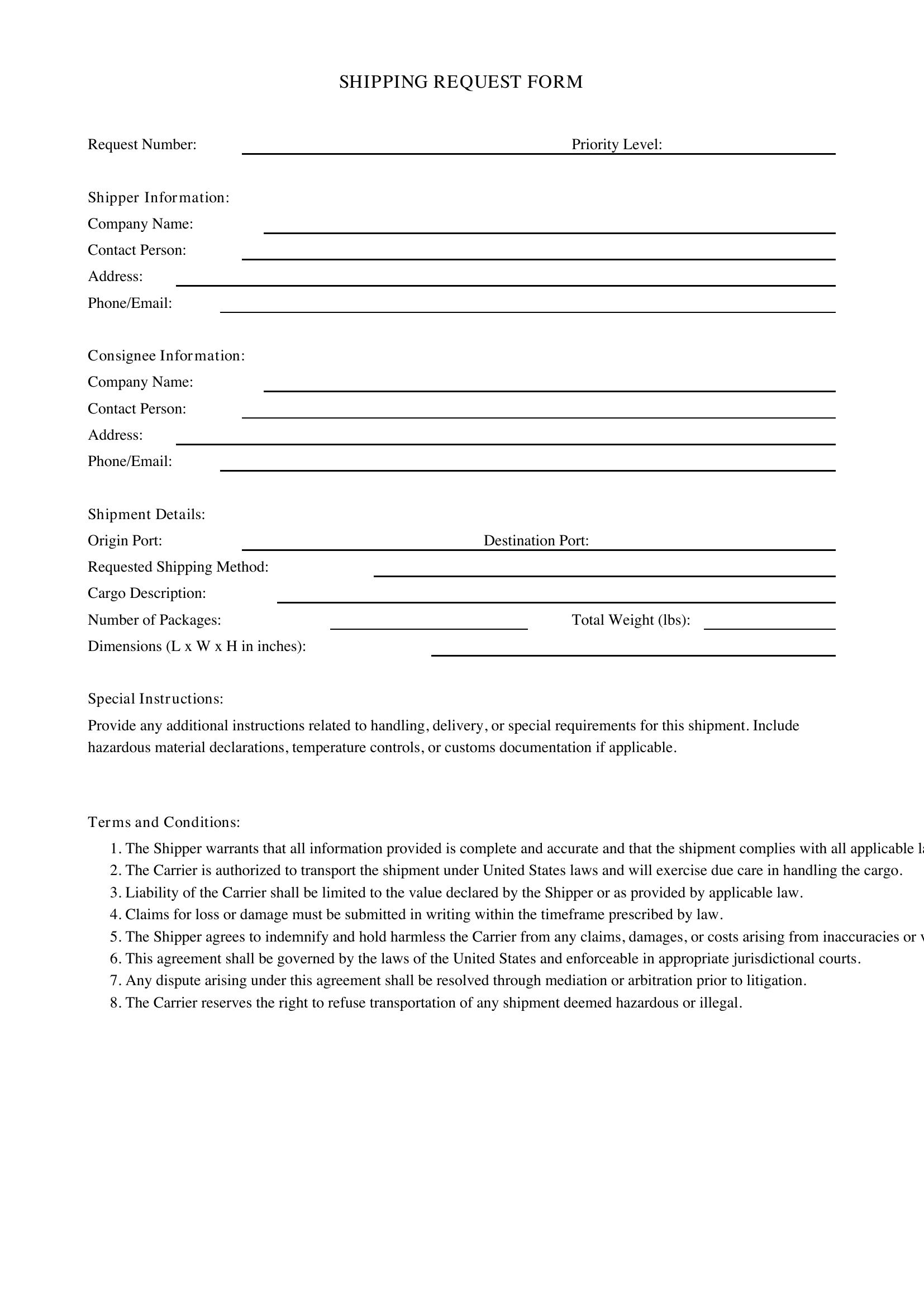 Shipping Request Form Template - US