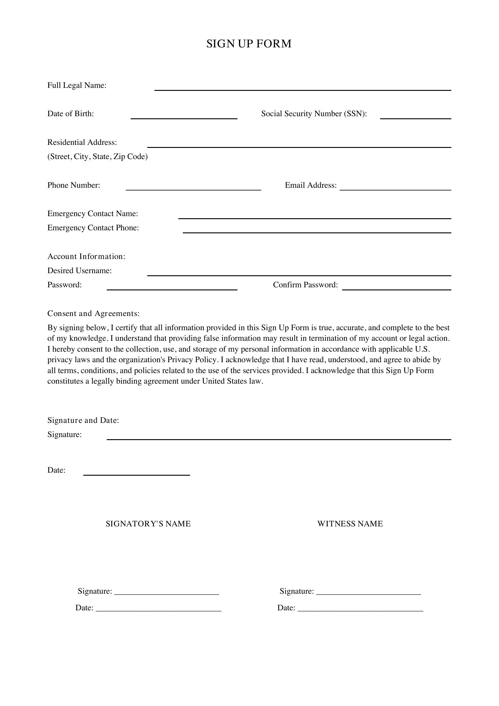 Sign Up Form Template - US