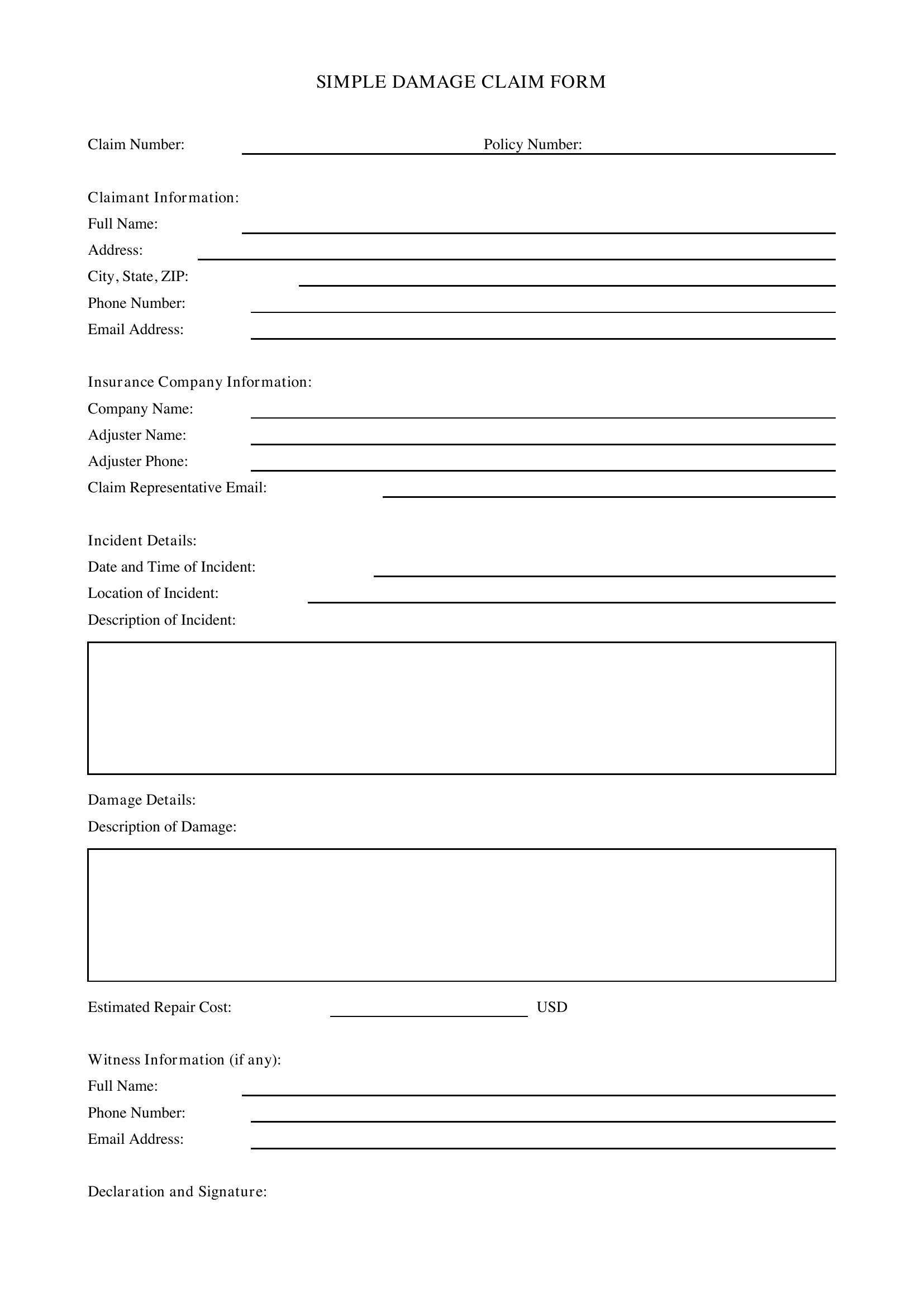 Simple Damage Claim Form Template - US