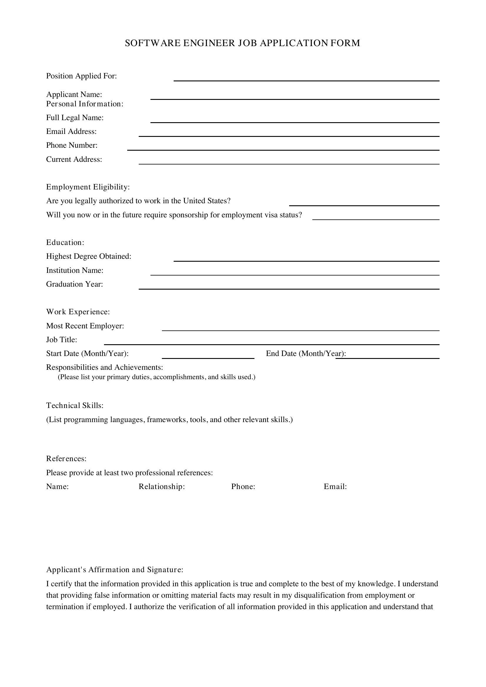 Software Engineer Job Application Form Template - US