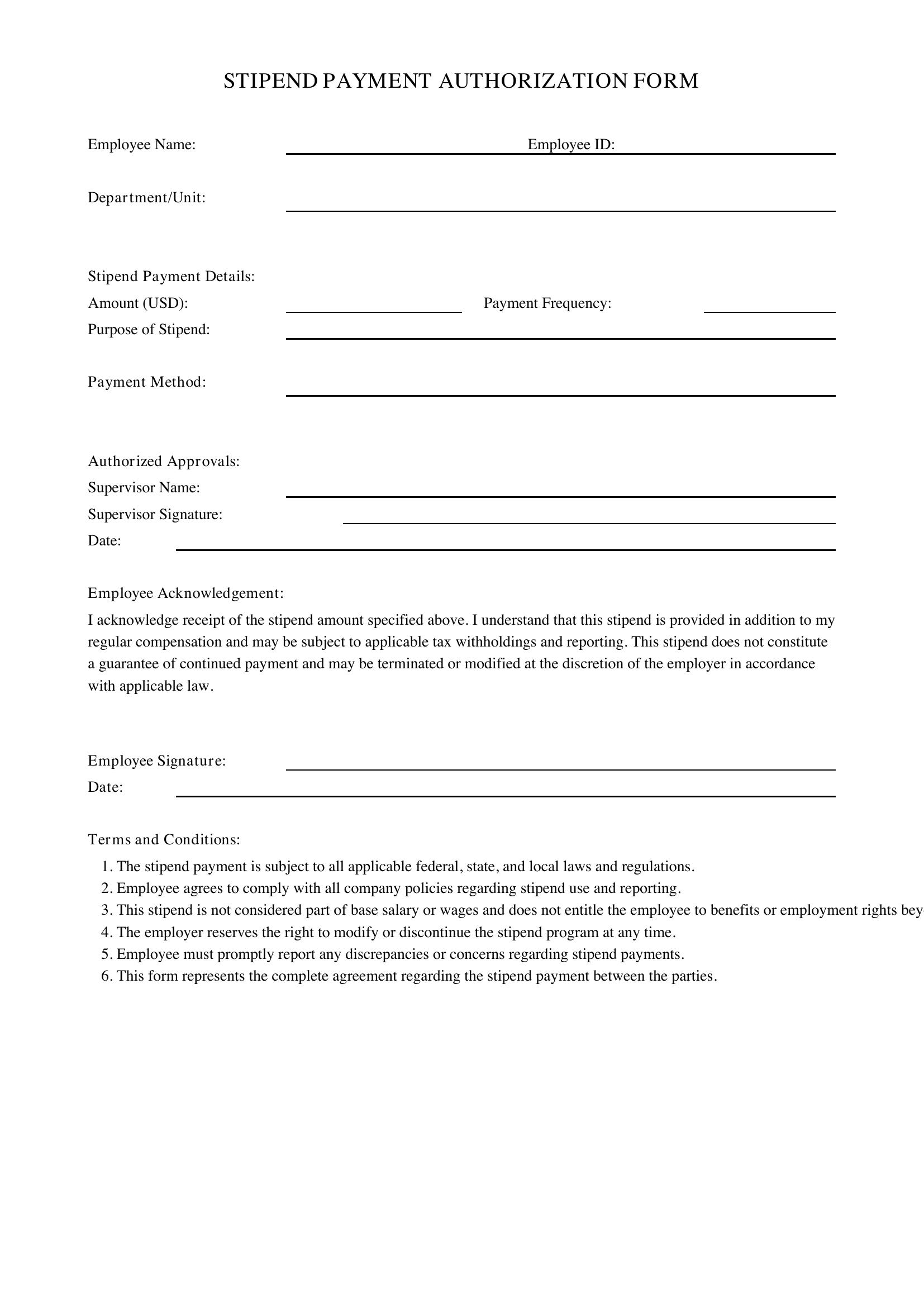 Stipend Form Template - US