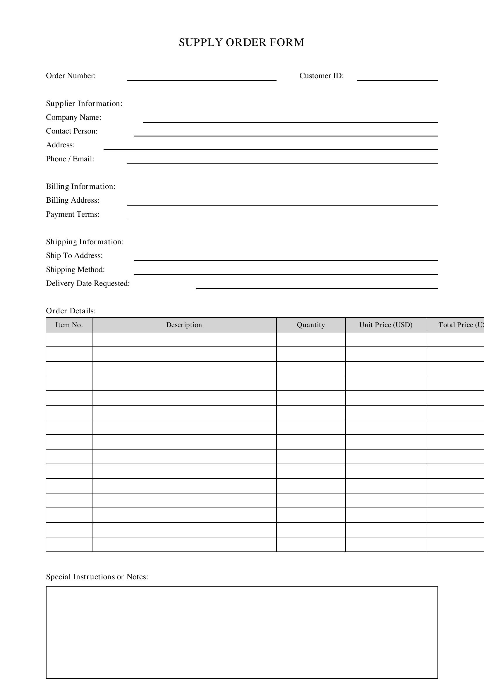 Supply Order Form Template - US