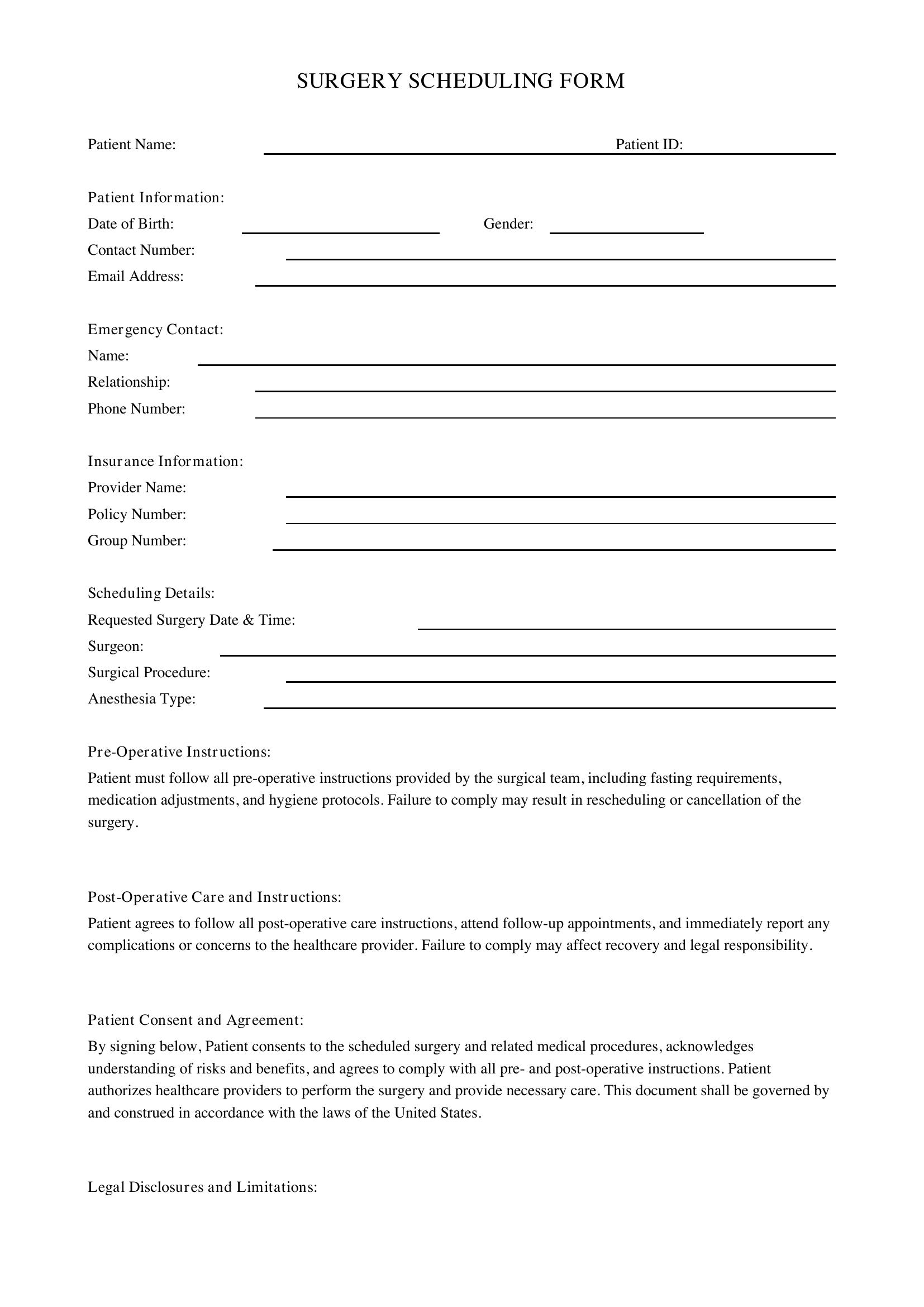 Surgery Scheduling Form Template - US