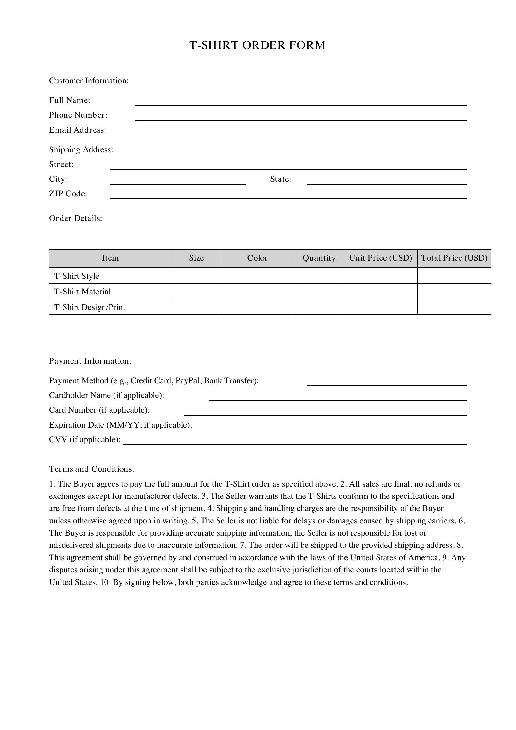 T Shirt Order Form Microsoft Template - US