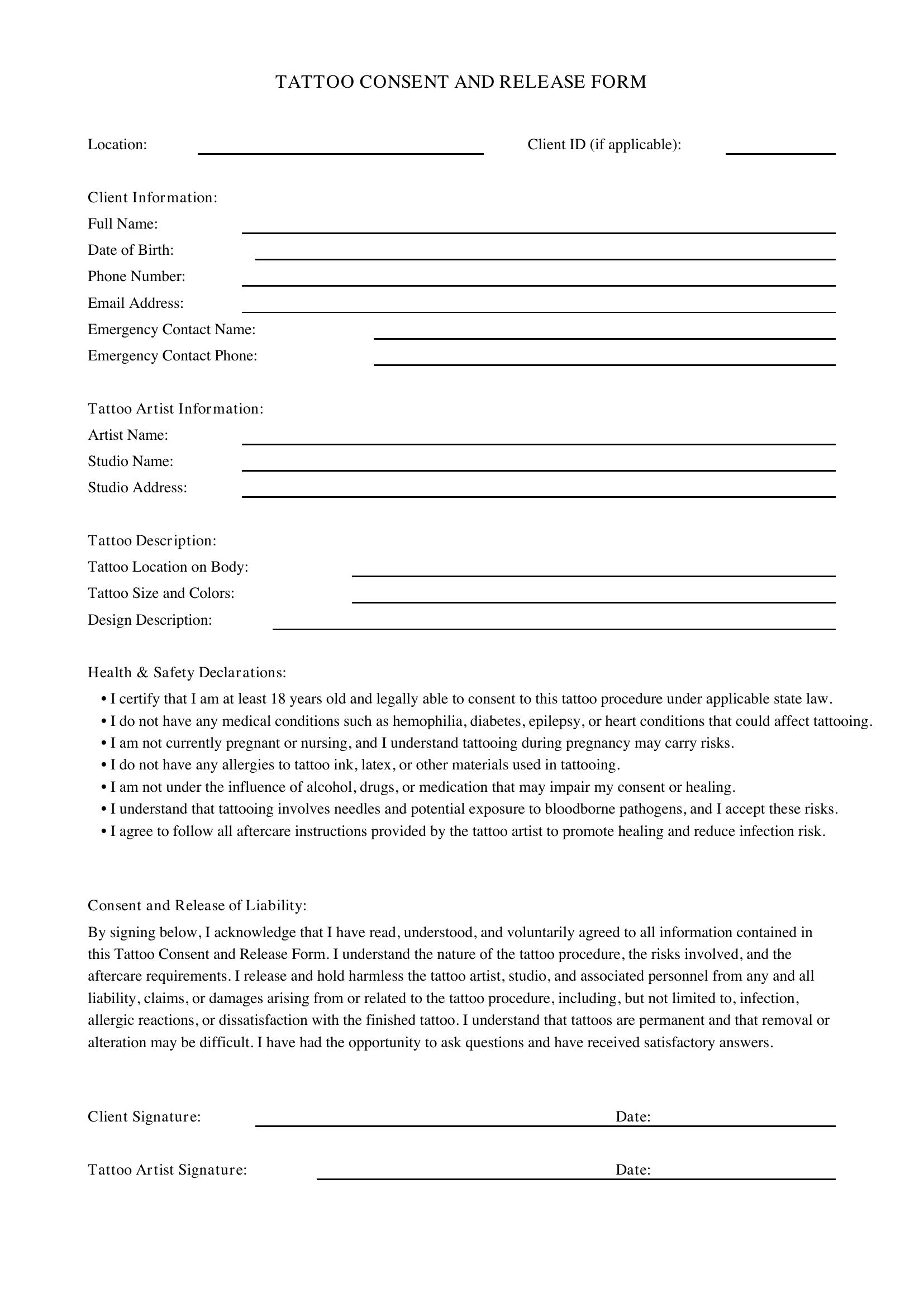Tattoo Consent Form Template - US