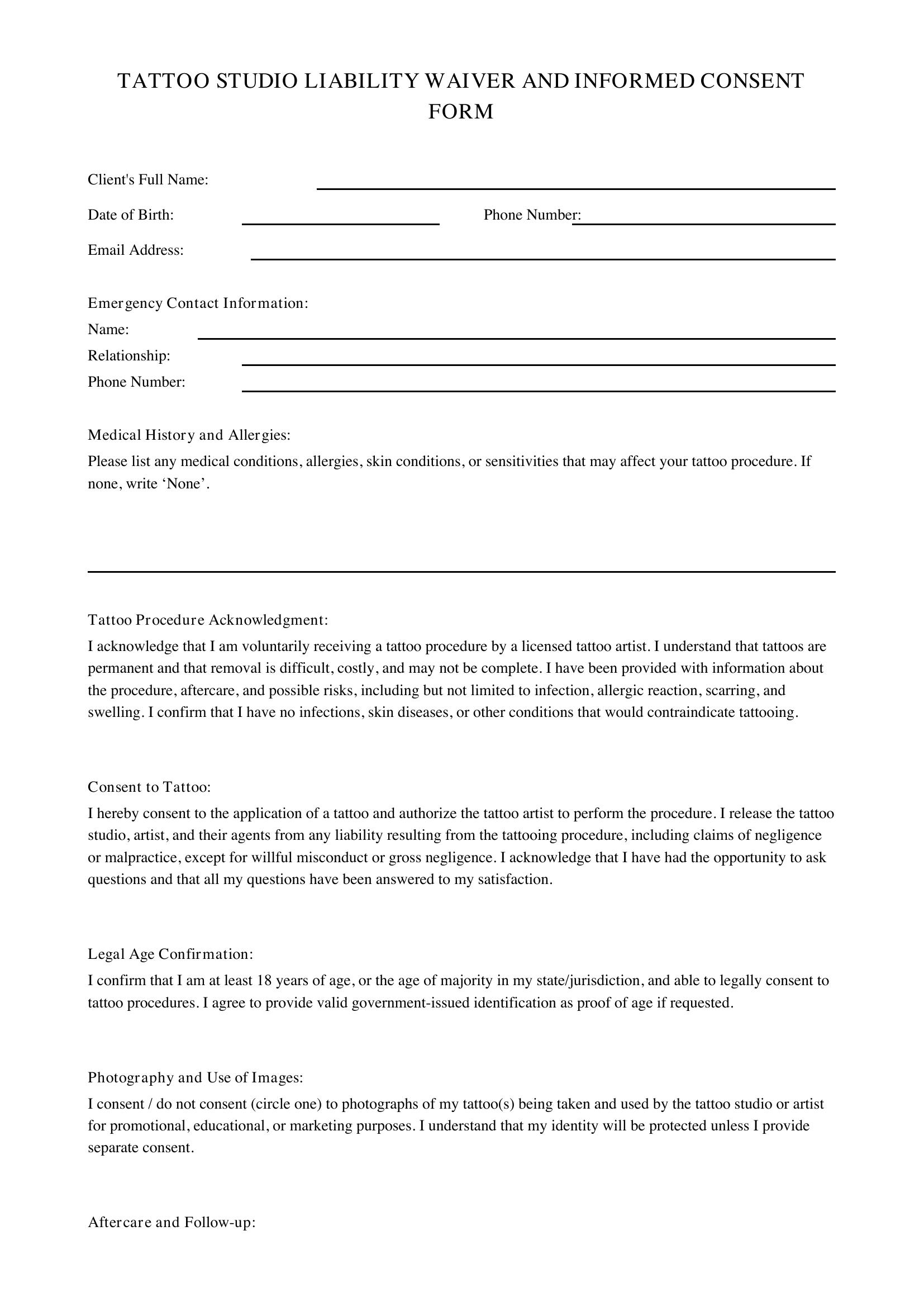 Tattoo Waiver Form Template - US