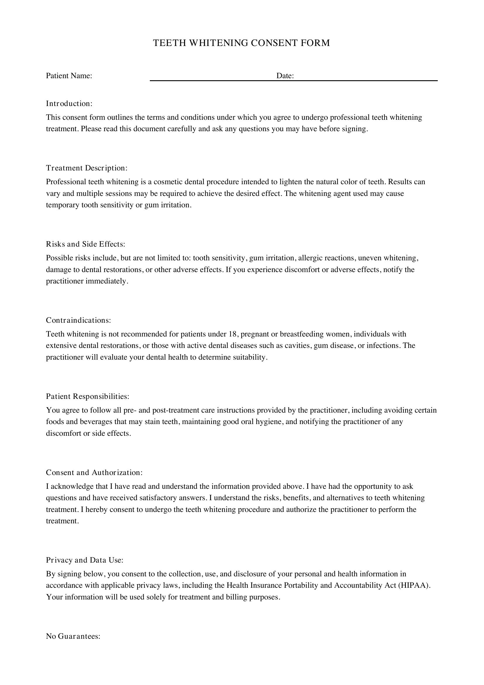 Teeth Whitening Consent Form Template - US