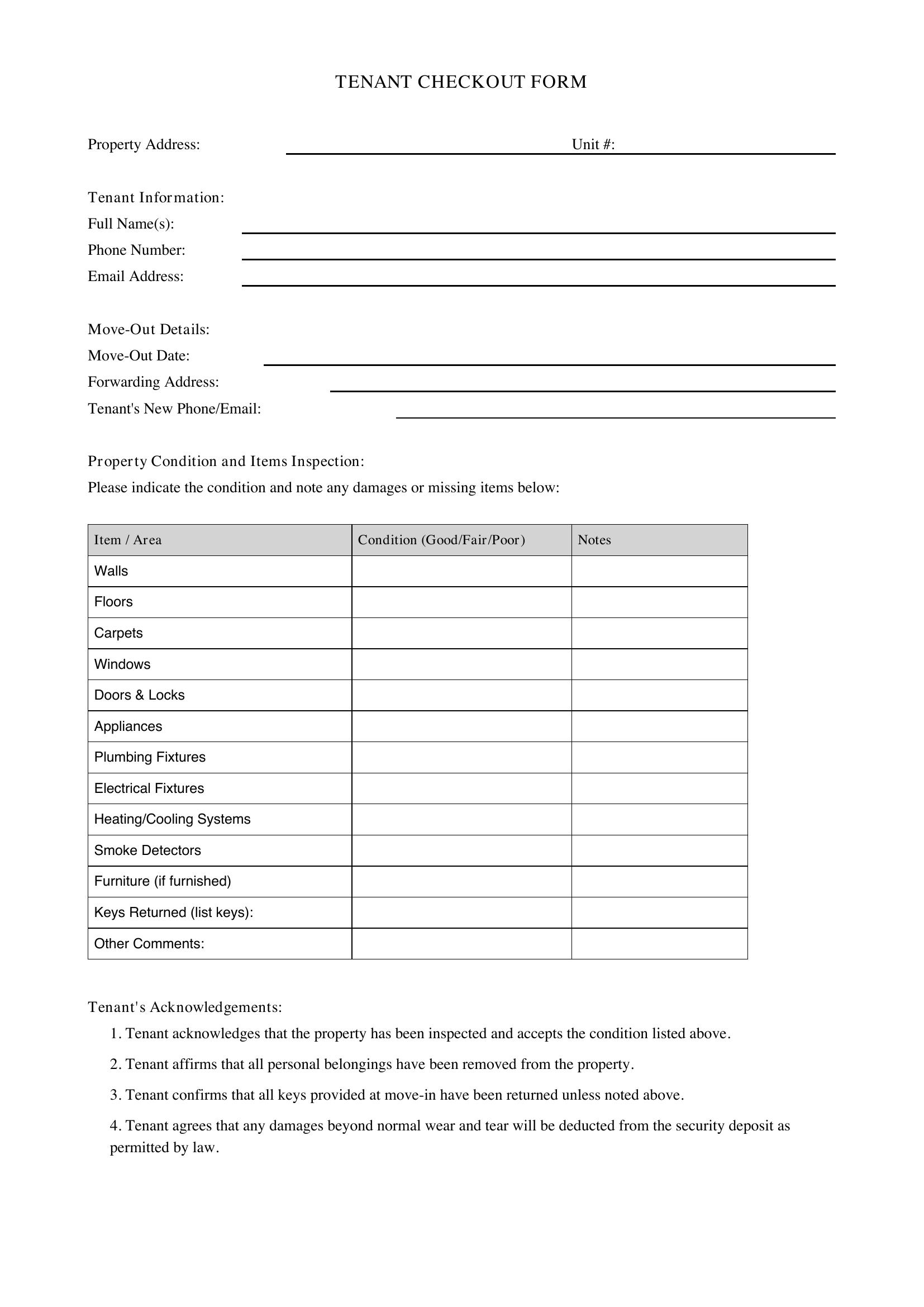 Tenant Checkout Form Template - US