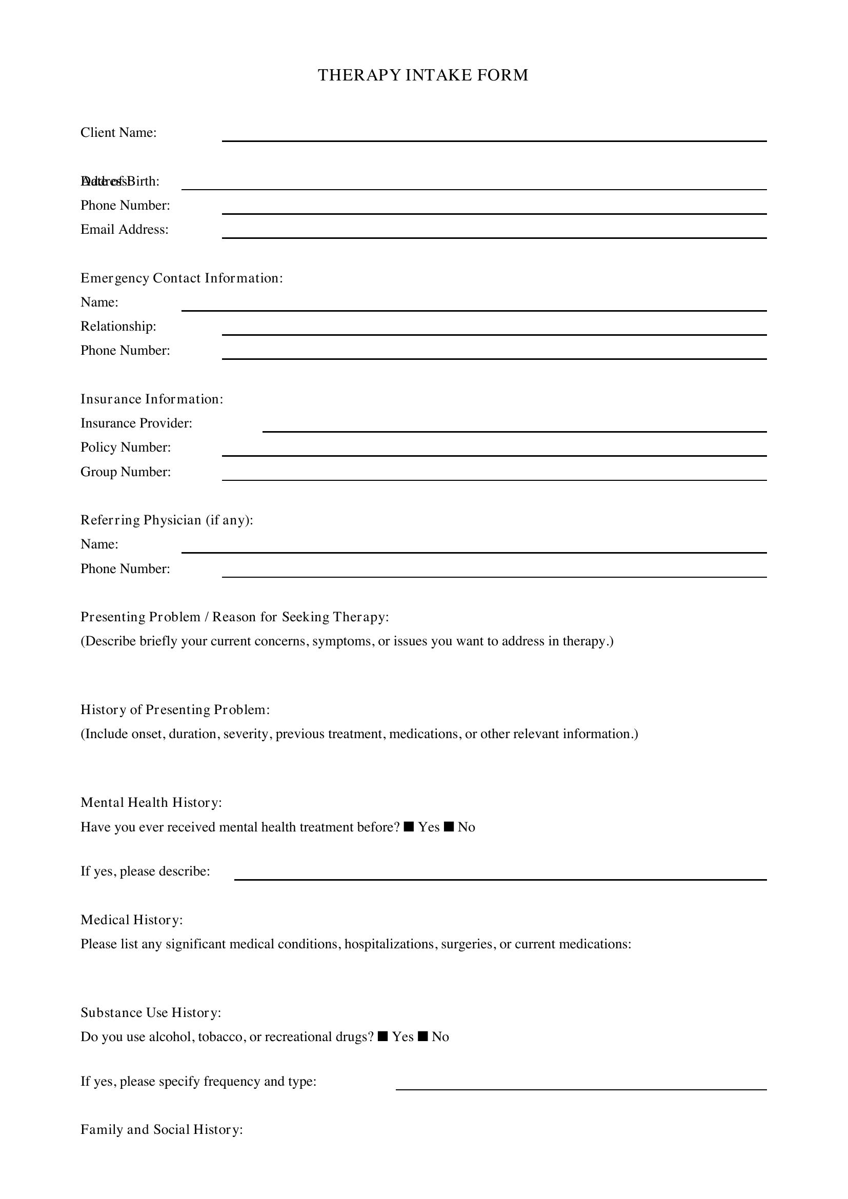 Therapy Intake Form Template - US