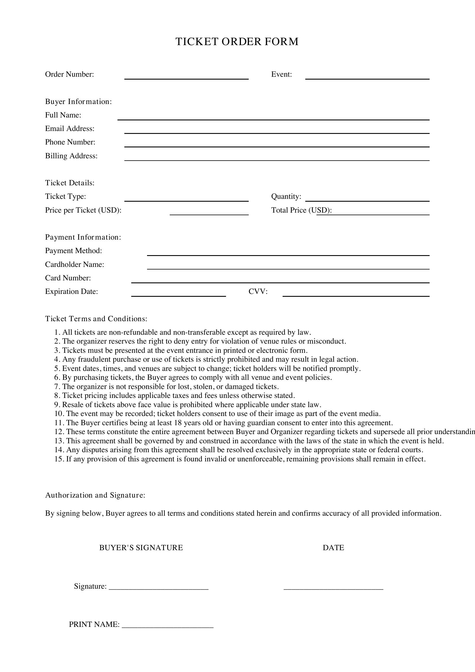 Ticket Order Form Template - US