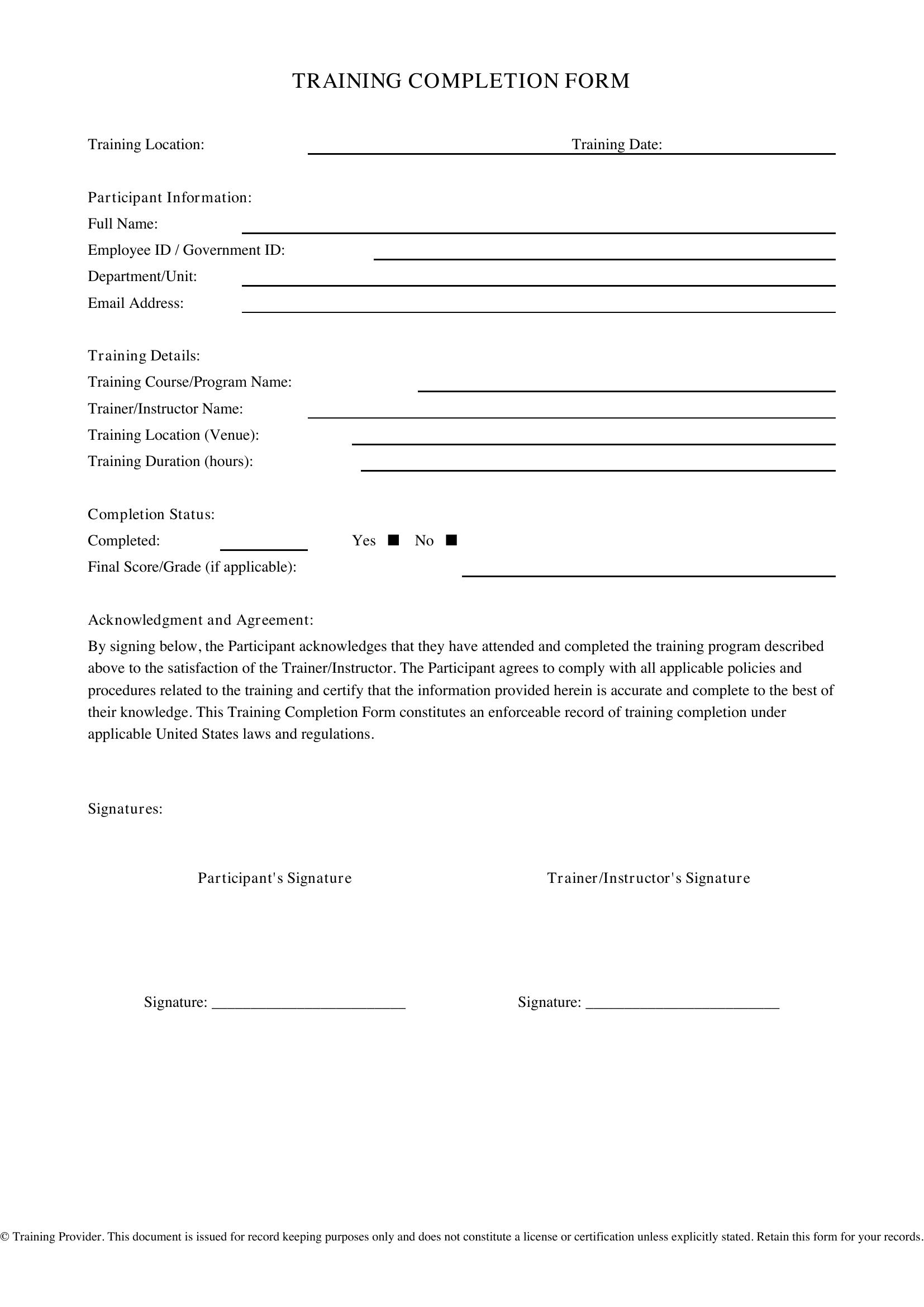 Training Completion Form Template - US