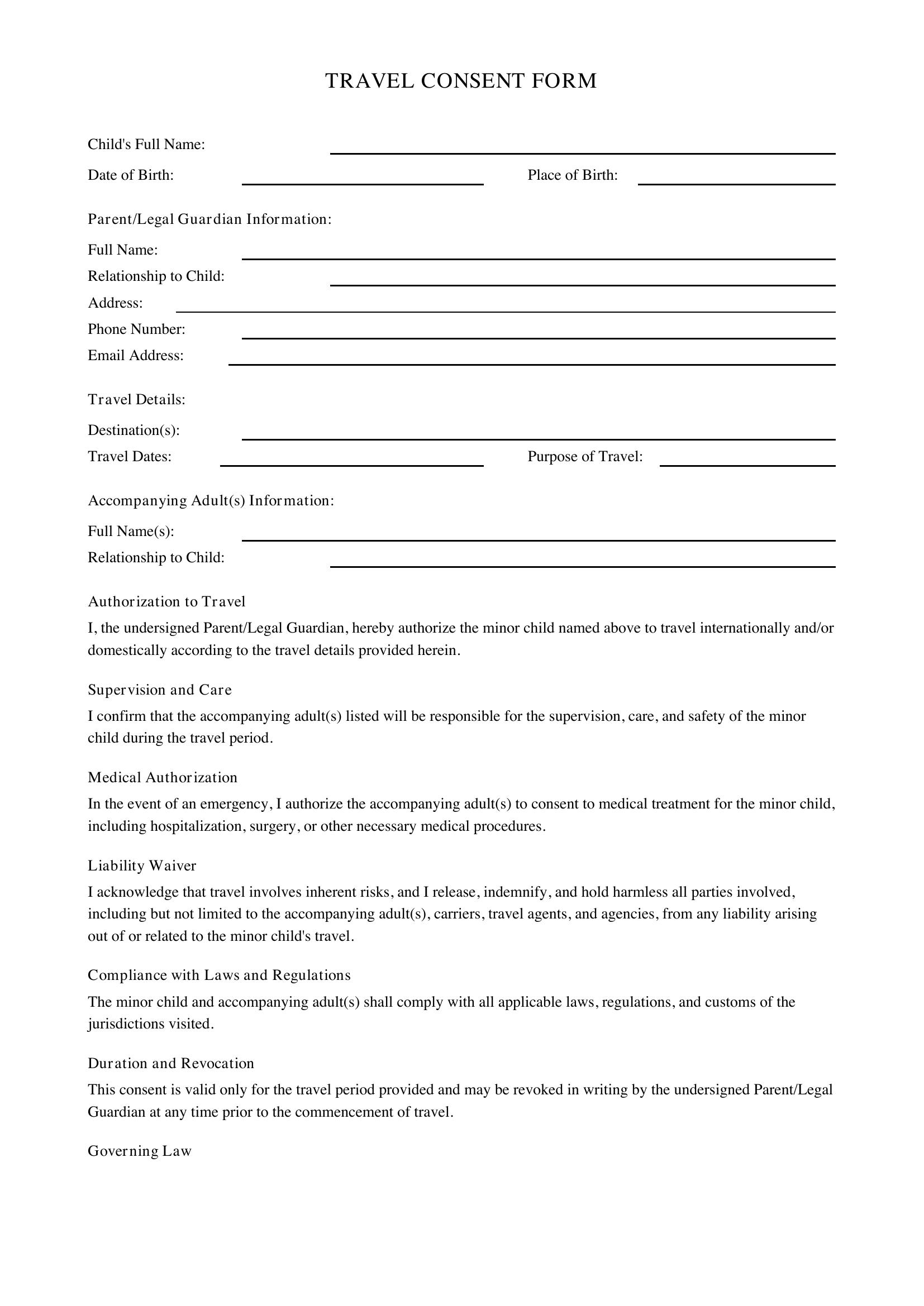 Travel Consent Form Template - US