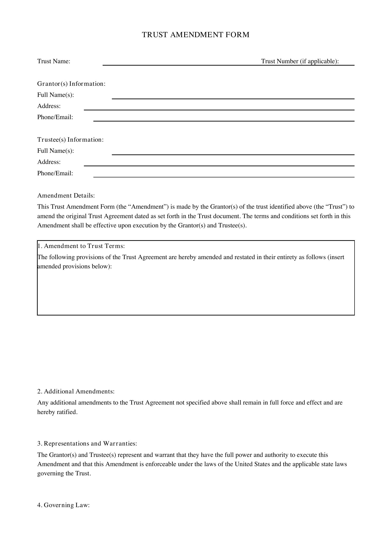 Trust Amendment Form Template - US