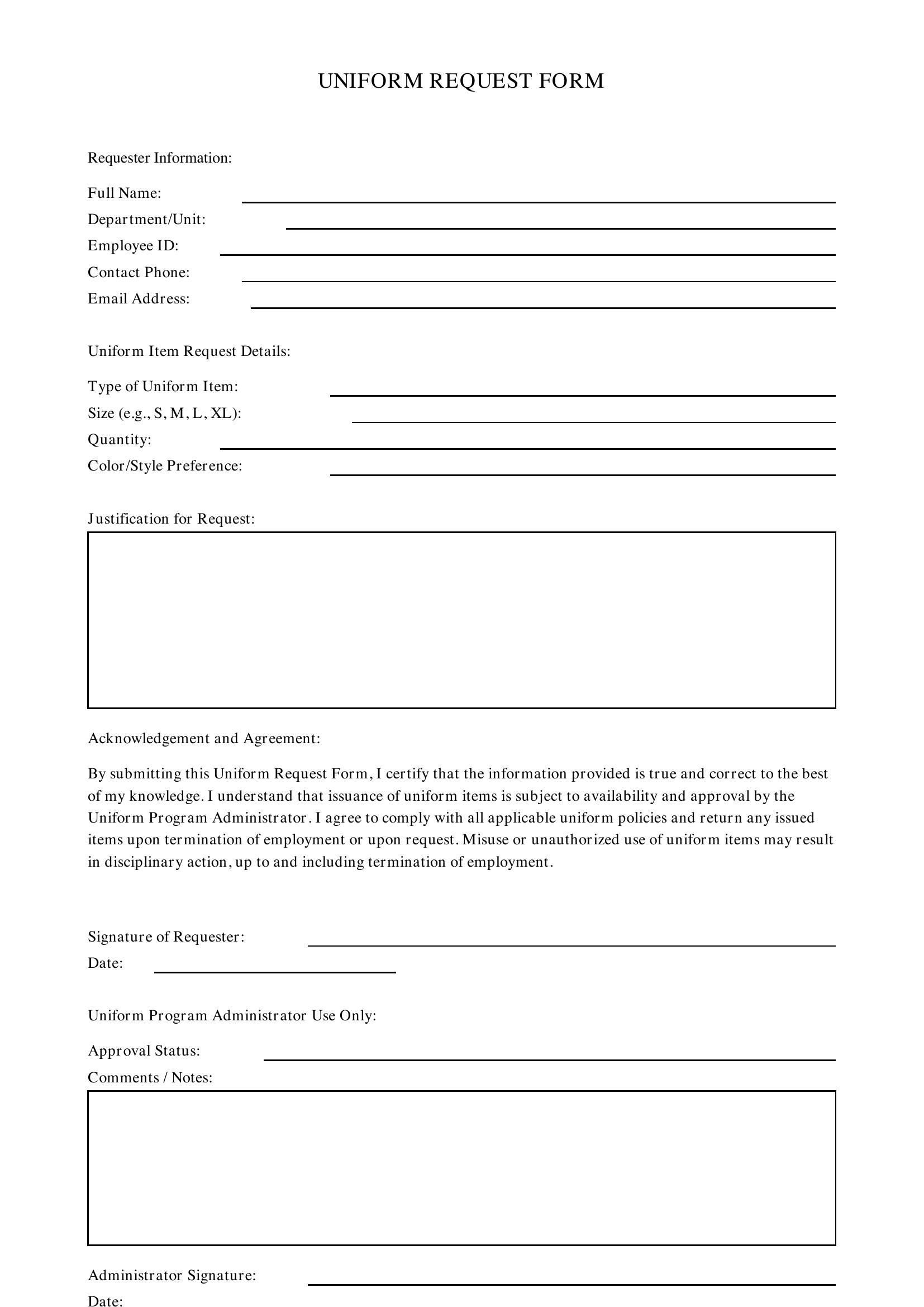 Uniform Request Form Template - US