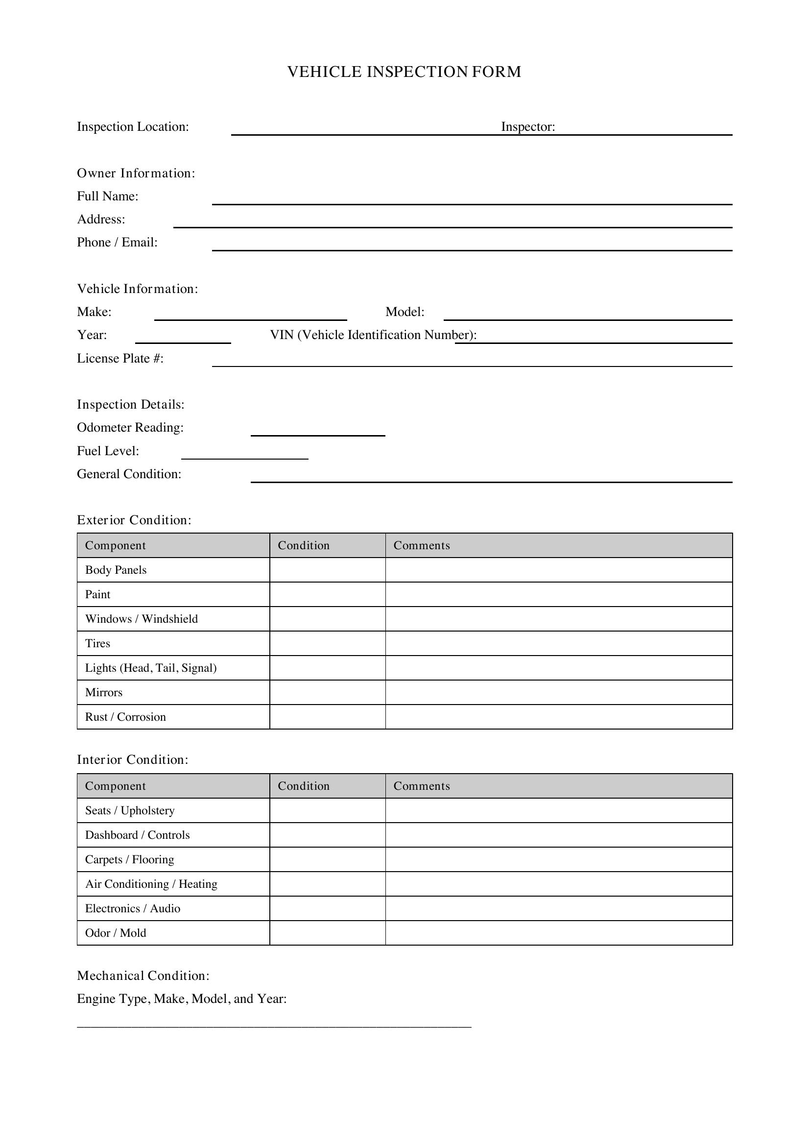 Vehicle Inspection Form Template - US