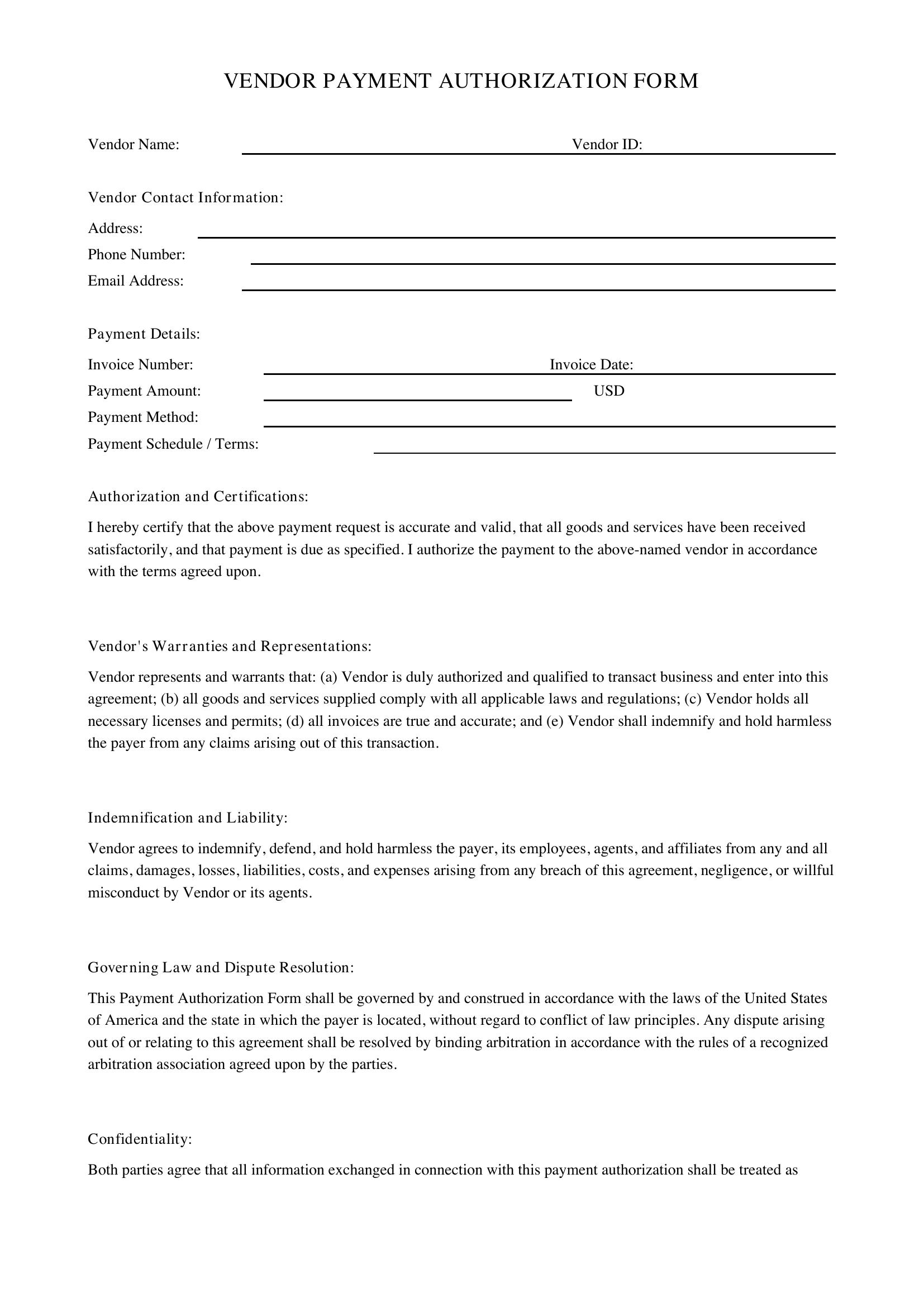 Vendor Payment Form Template - US