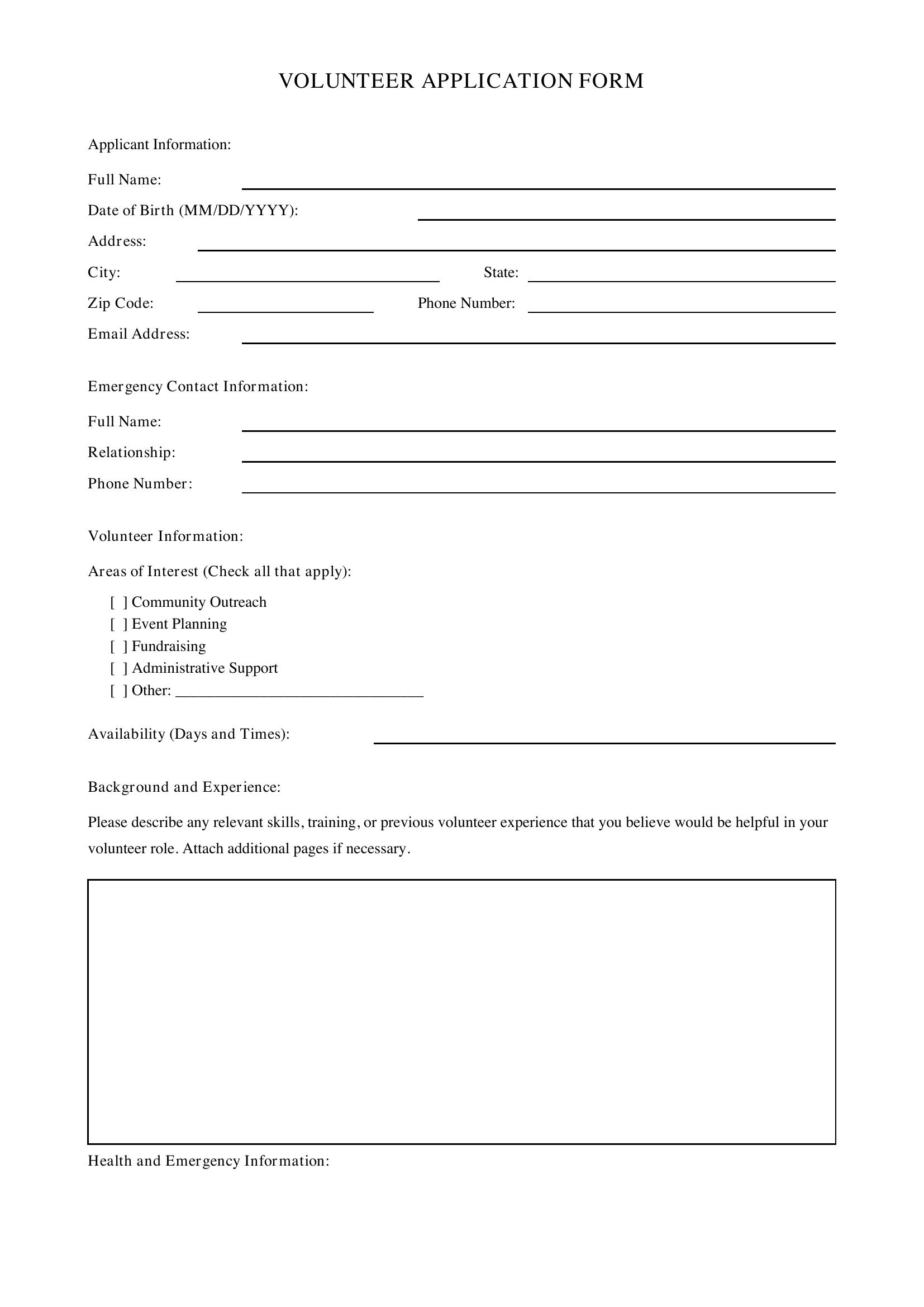 Volunteer Application Form Template - US