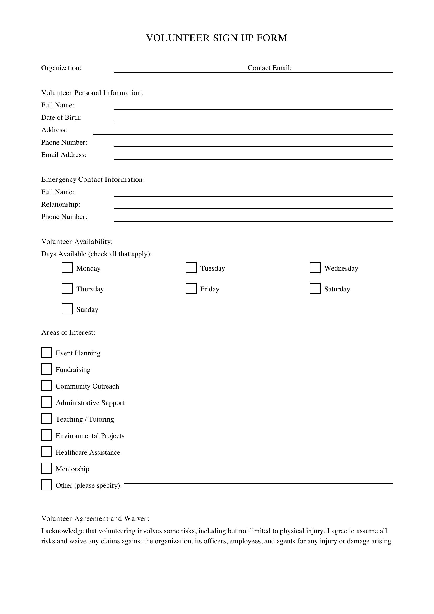 Volunteer Sign Up Form Template - US