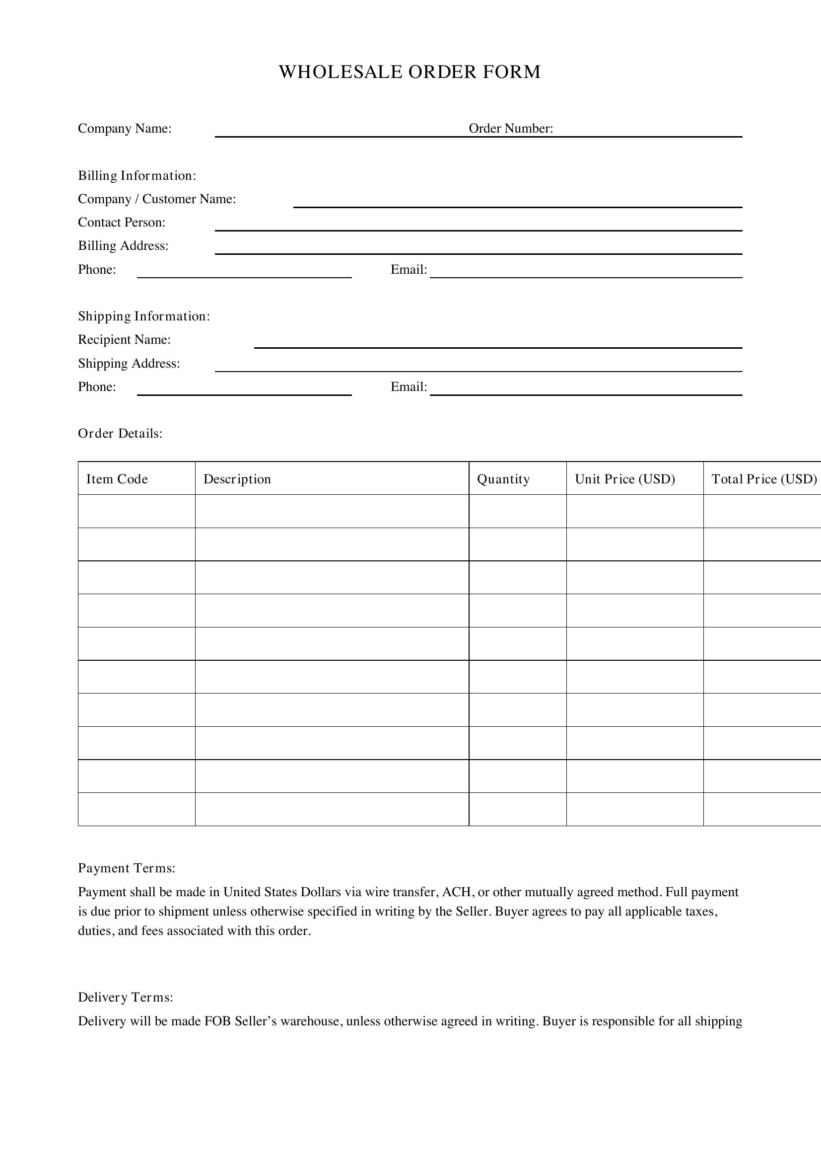 Wholesale Order Form Template - US