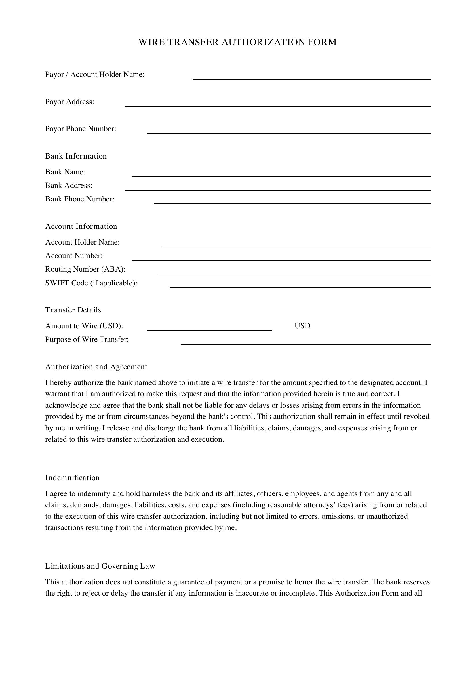 Wire Transfer Authorization Form Template - US