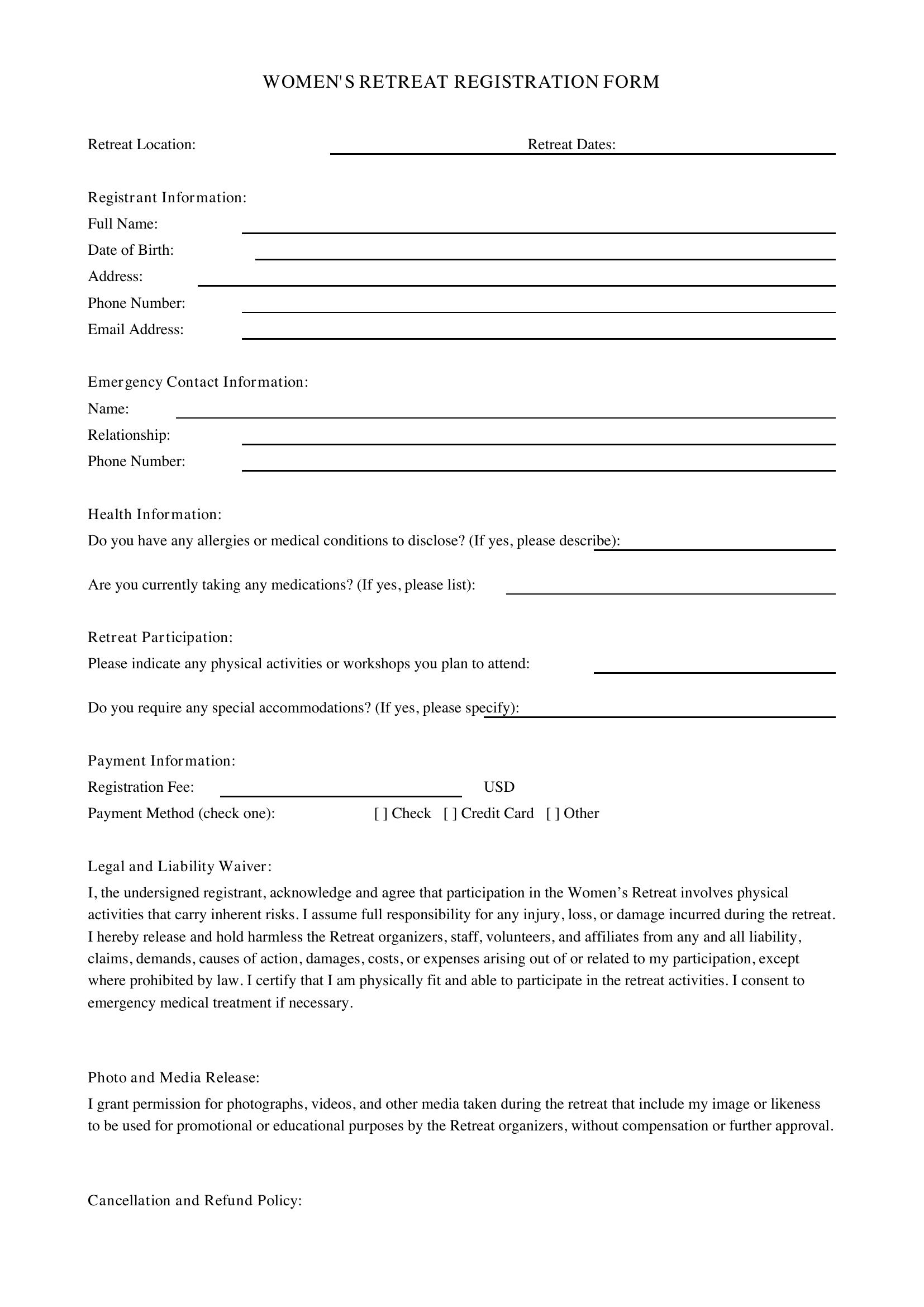Women'S Retreat Registration Form Template - US
