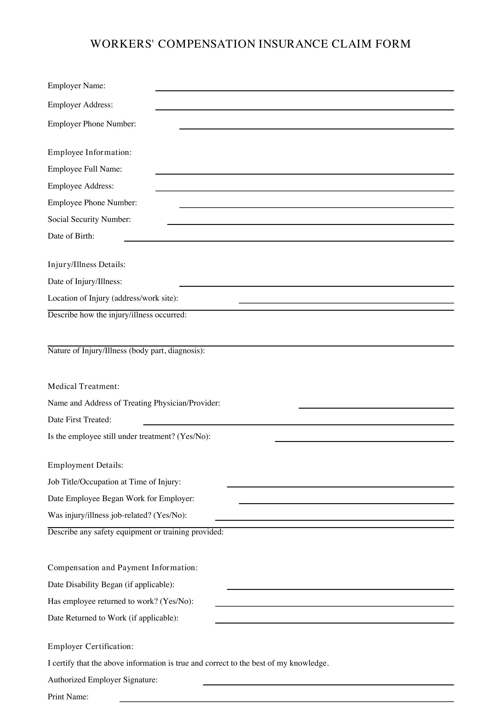 Workers Compensation Form Template - US