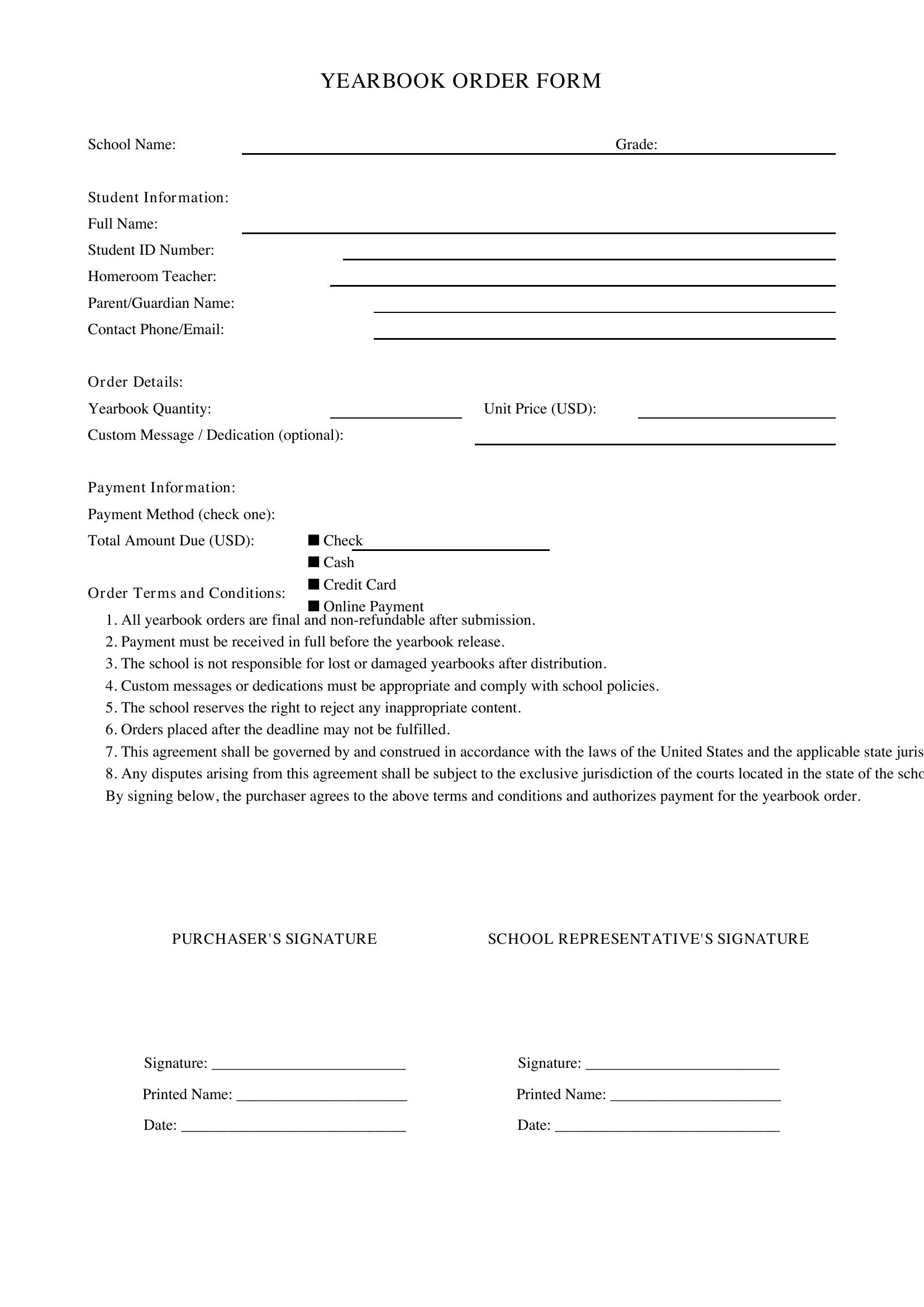 Yearbook Order Form Template - US